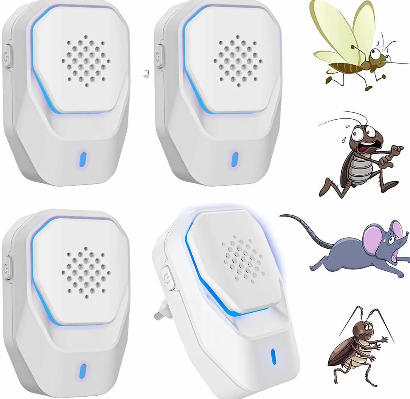 Répulsifs à Ultrasons, Ultrason Souris et Rats, Anti Mouche, Prise Anti Moustique, Electrique Appareil Répulsif Interieur - Fourmis, Souris, Rats, Araignées, Cafards, 100% Inoffensif - 4 Paquets