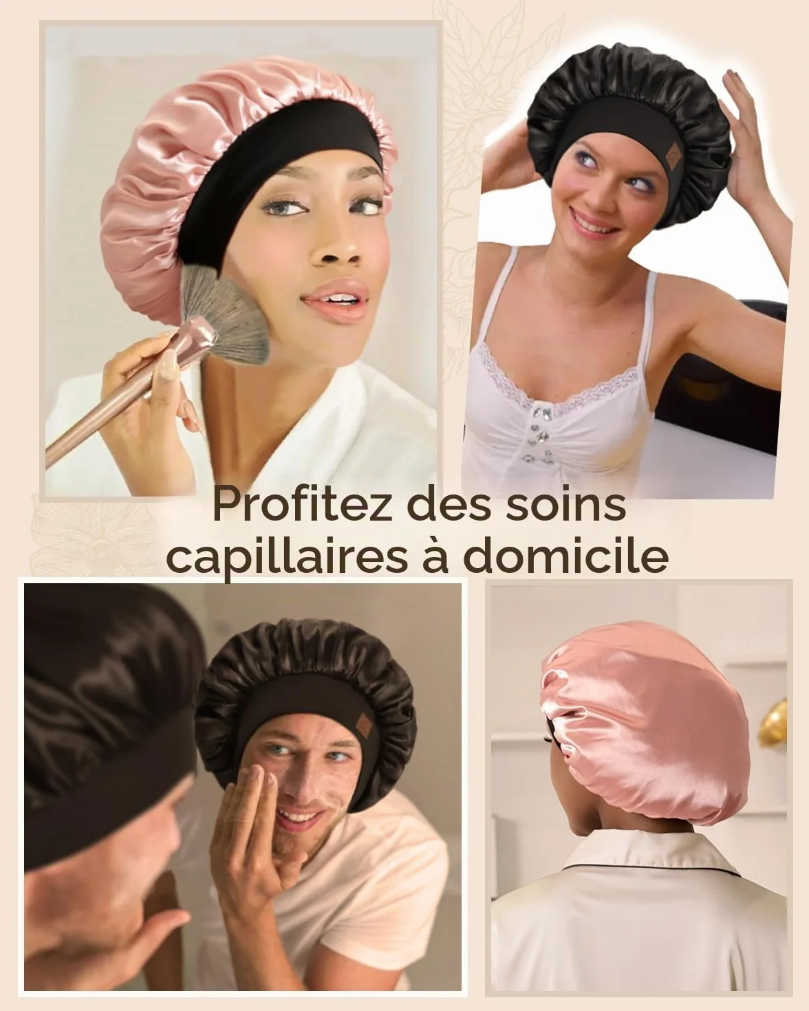 Bonnet Satin Soie Cheveux Nuit Double Couche Bande réglable pour Femme Homme