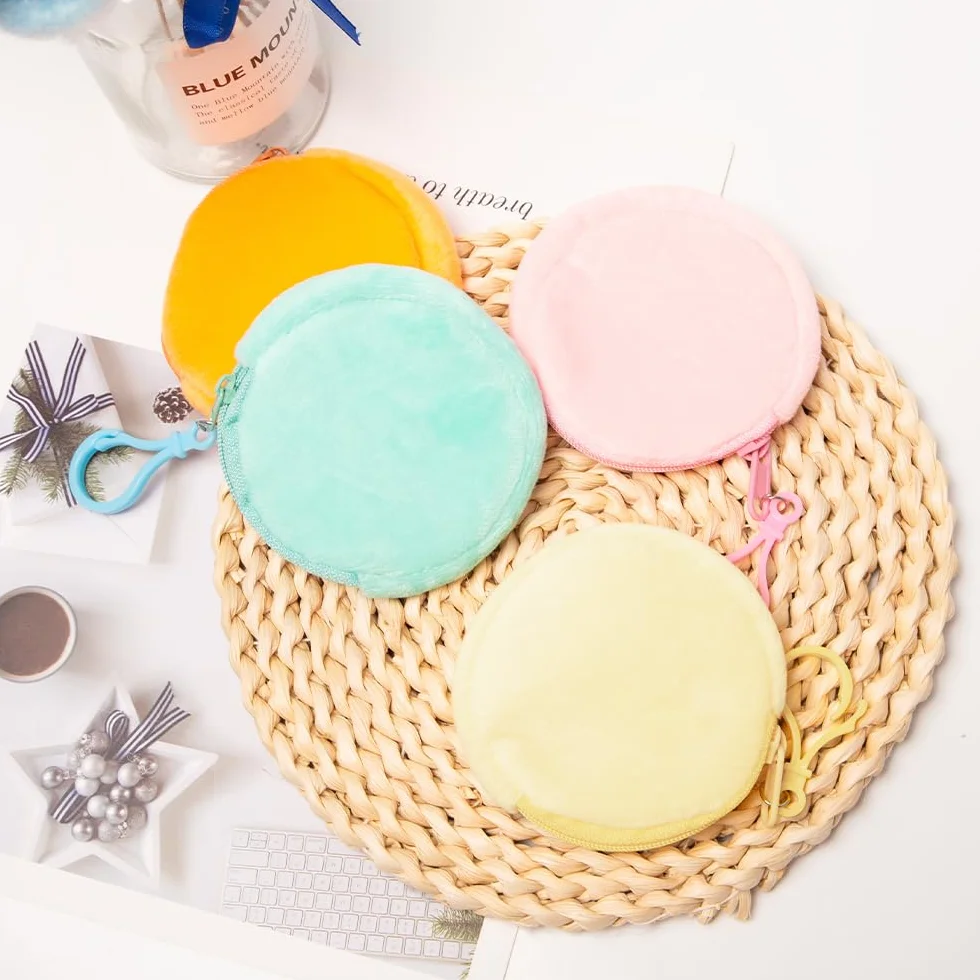 Porte Monnaie Rond en Peluche avec Fermeture Éclair - Mini Sac de Rangement pour Pièces, Clés, Écouteurs