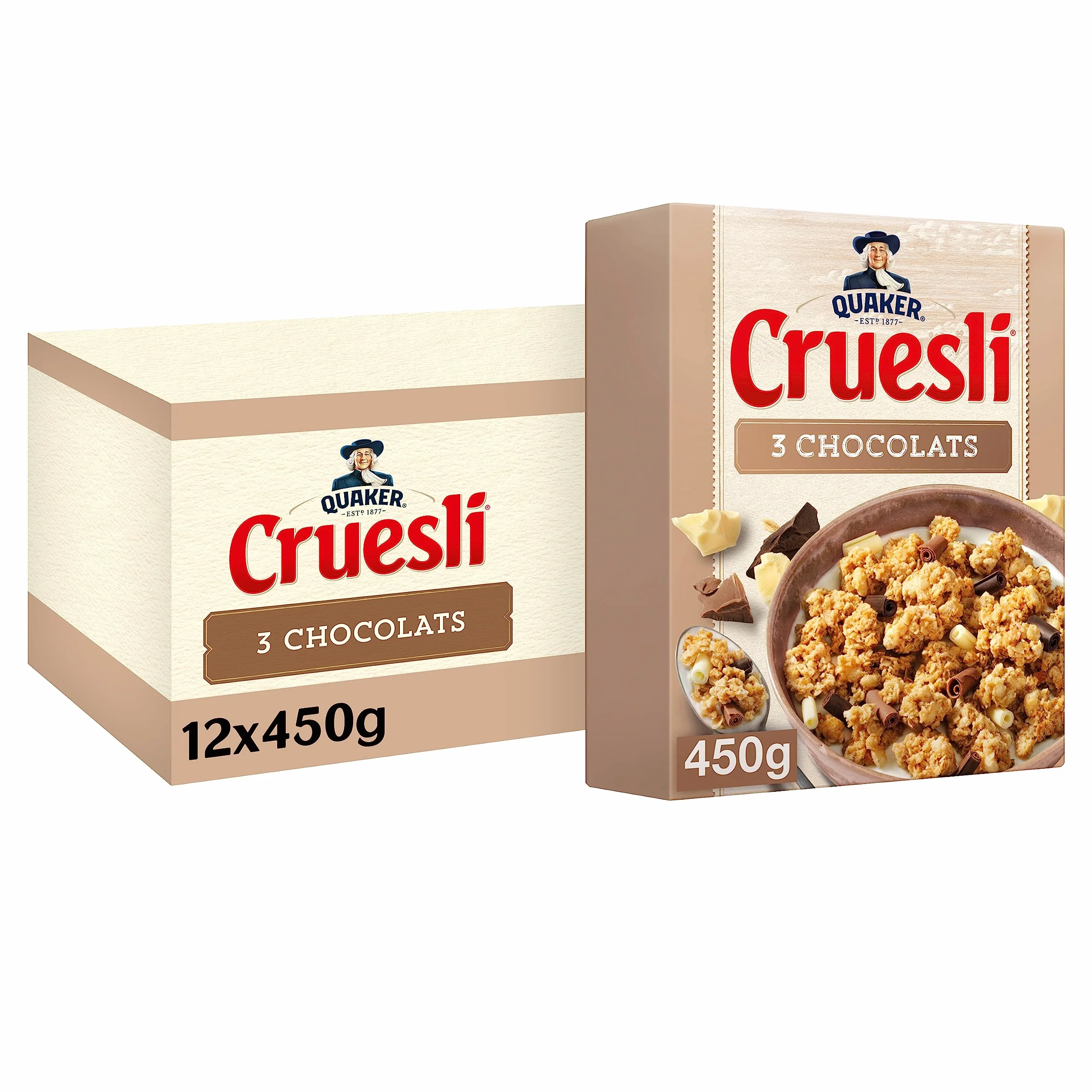 QUAKER Cruesli Céréales 3 Chocolats - Lot de 12x450g
