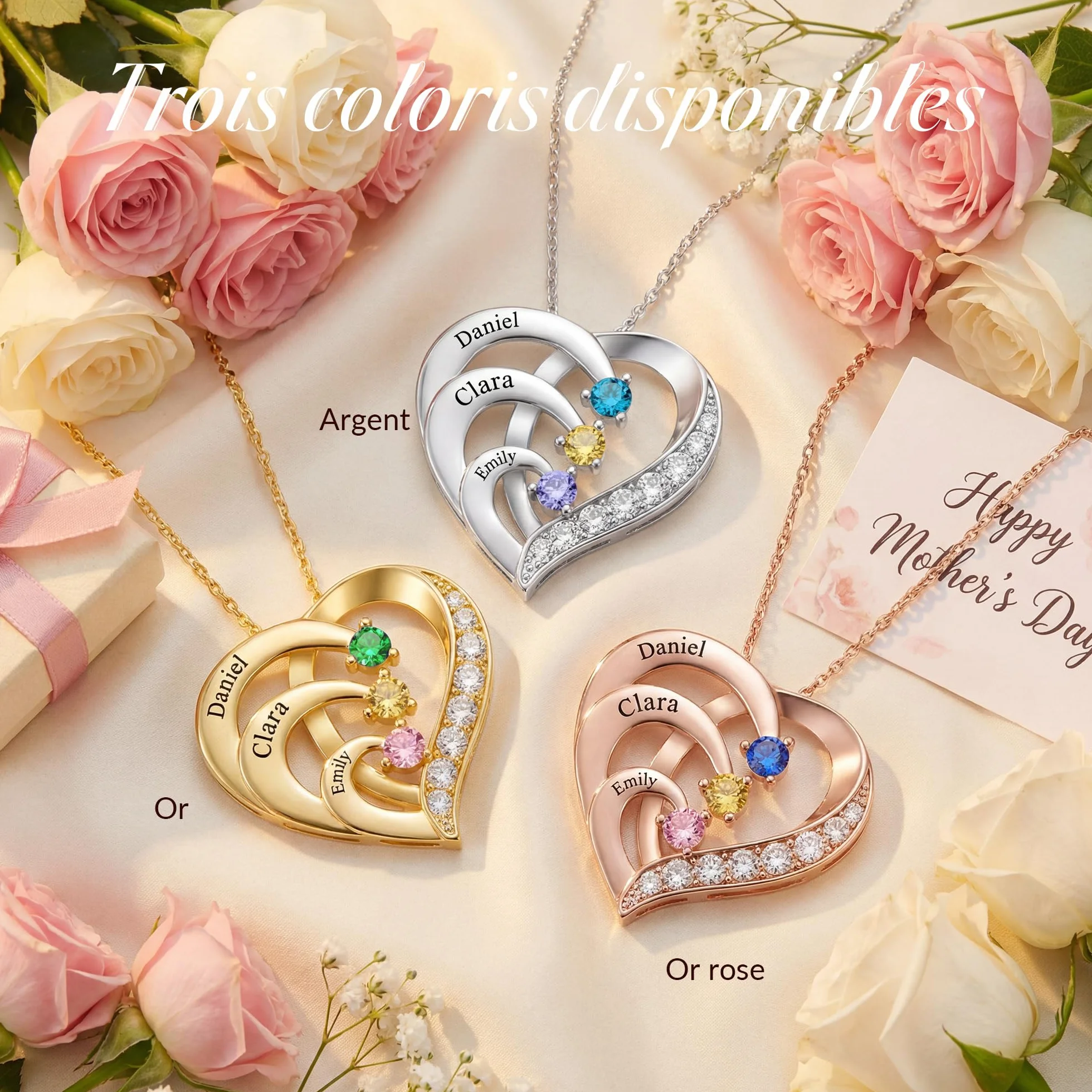 Easycosy Collier Personnalisé Prénom Pierres de Naissance Cadeau Fête des Mères Maman Bijoux Gravé Nom Pendentif Cœur