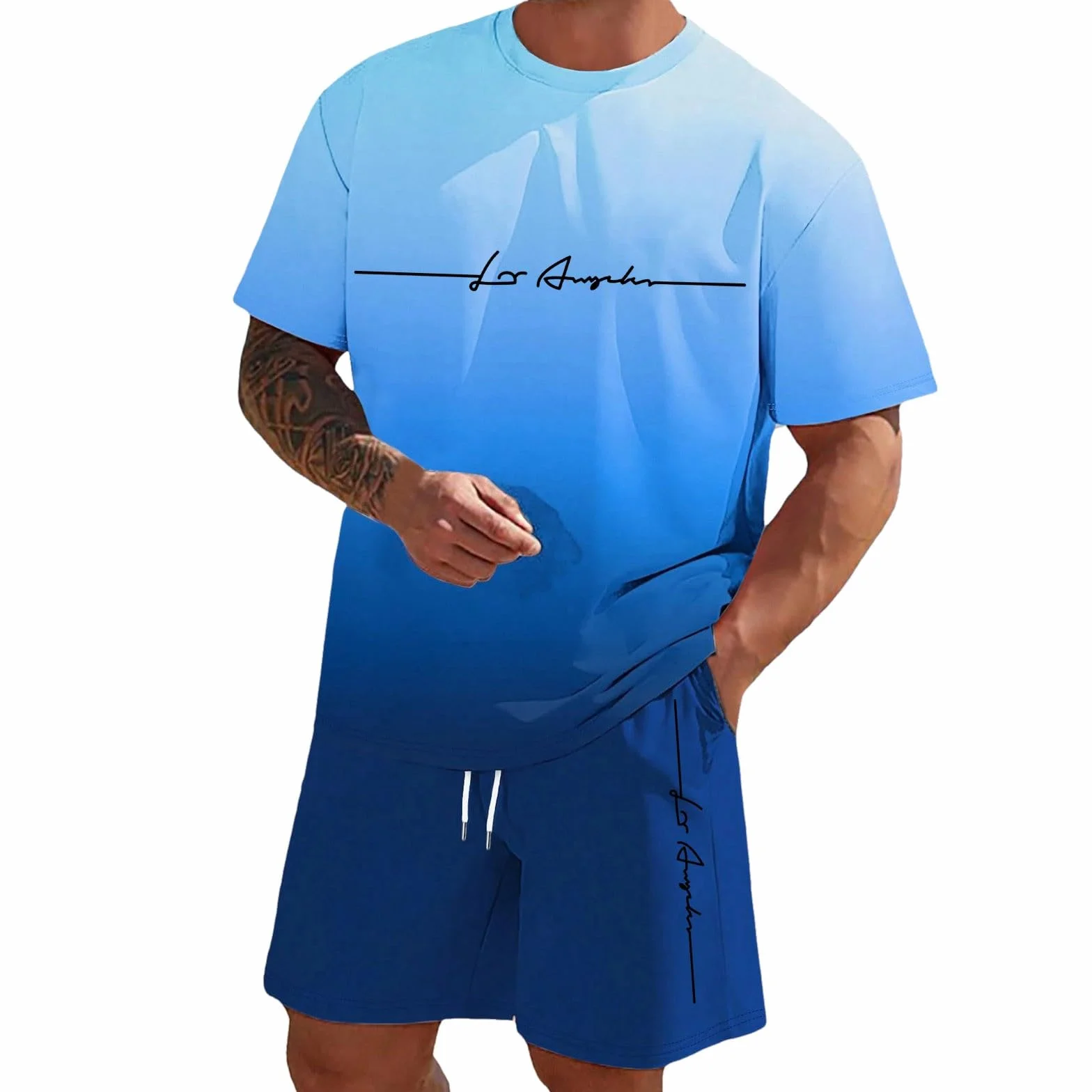 Ensemble Jogging Homme Court Ete Chic Baggy 2 Pièces T-Shirt Imprimé Lettrage Short Cordon Respirant Survetement Plage