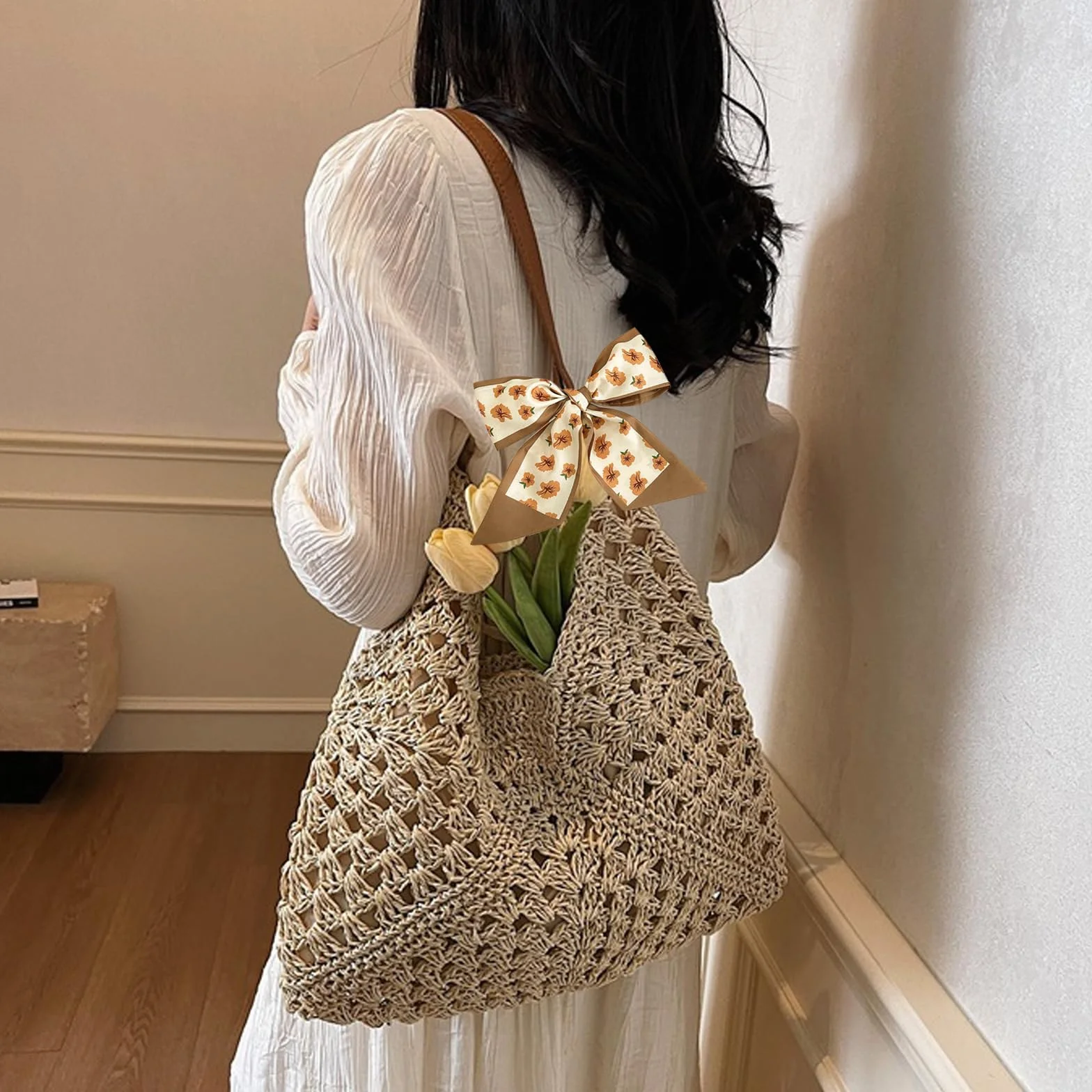 Sac à Bandoulière en Paille pour Femmes, Sac de Plage Bohème Esthétique