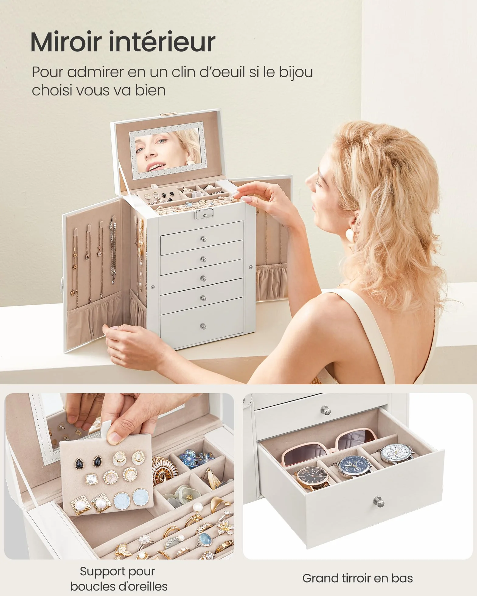 SONGMICS Boîte à Bijoux 6 Niveaux 5 Tiroirs Coffre de Rangement avec Miroir Intérieur Verrouillable Blanc Nuage JBC152W01