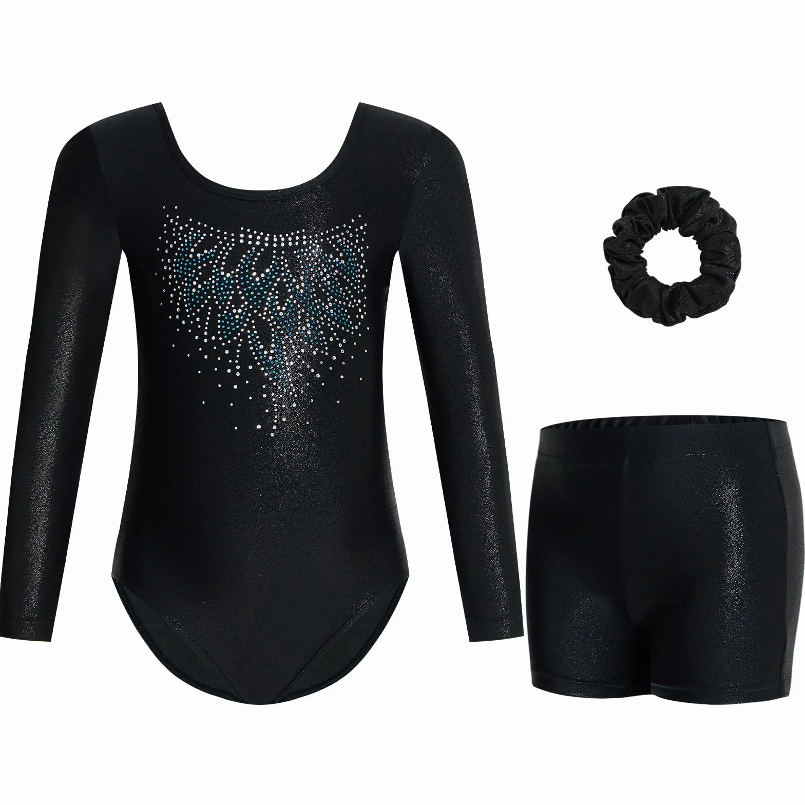 Gogokids Maillots de Gymnastique Trois Pièces pour Filles, Ensemble à Manches Longues avec Short et Bandeau, Justaucorps Brillant Dégradé 3-12 Ans