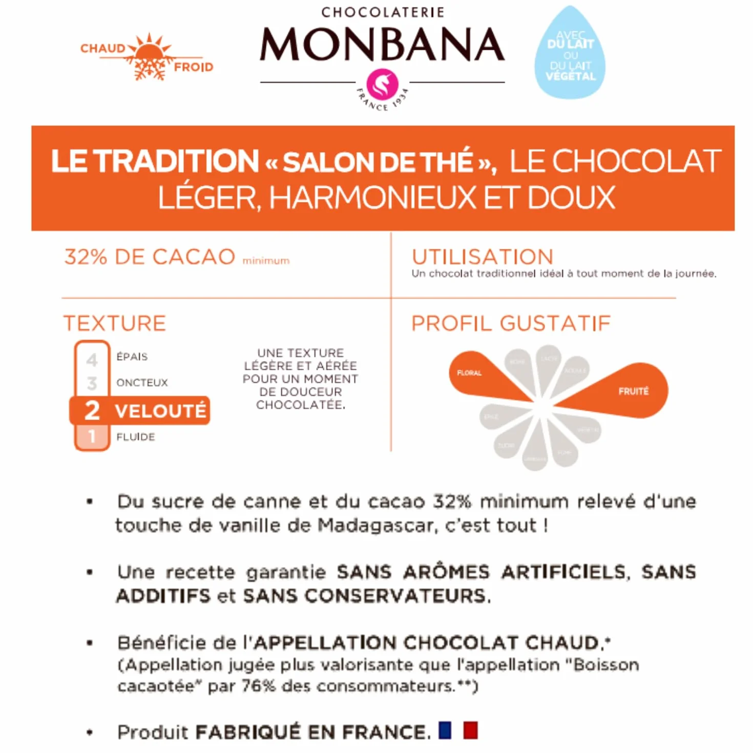 MONBANA | 20 sachets de chocolat TRADITION - SALON DE THÉ | Doses individuelles de 20 g de chocolat en poudre à déguster tout au long de la journée