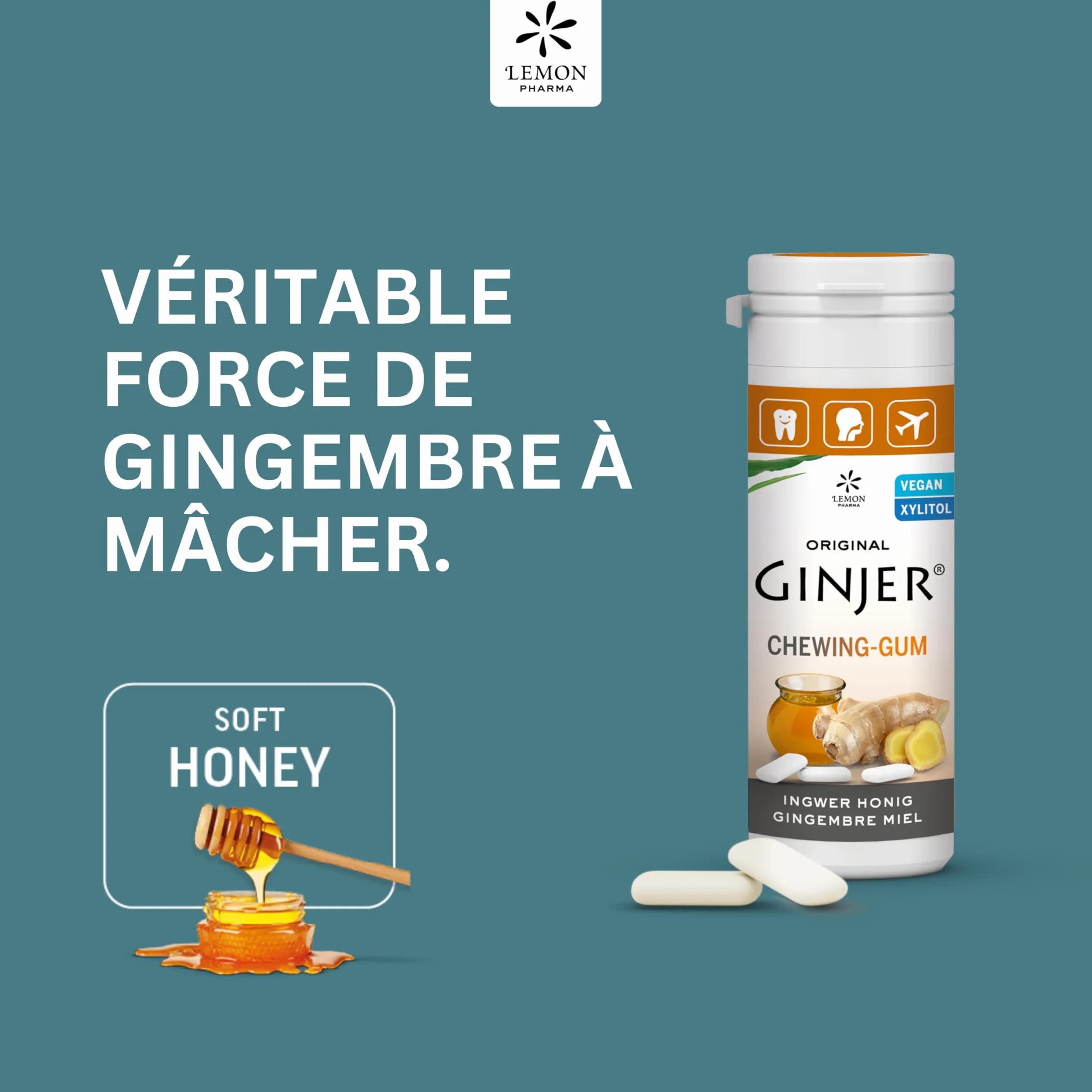 Ginjer® LEMON PHARMA Chewing-gum au gingembre miel et xylitol sans sucre 30 g