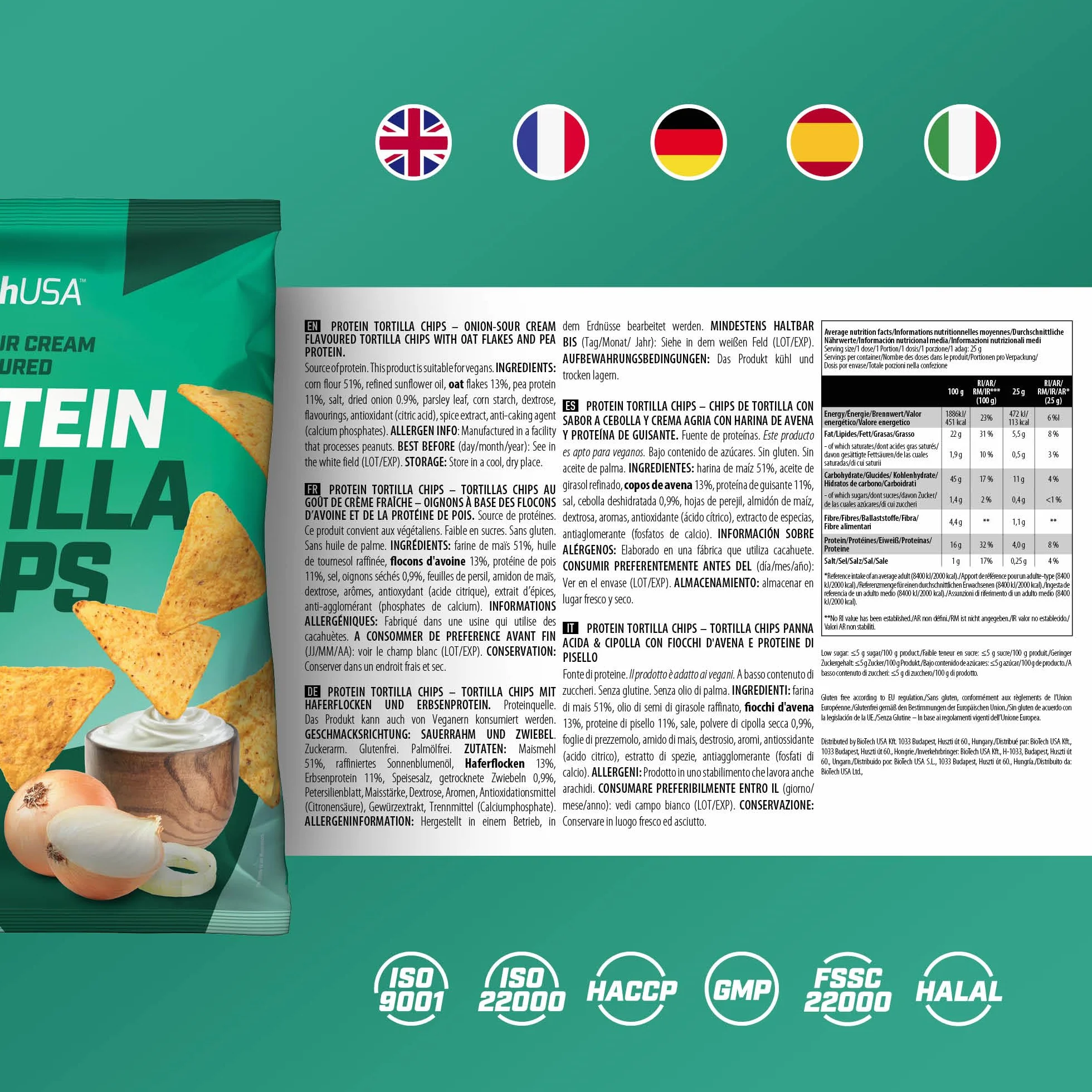 BioTechUSA Protein Tortilla Chips | Source de protéines | Protéines d'avoine et de pois | Végétalien | Sans conservateur, 3 * 50g, Crème et oignon