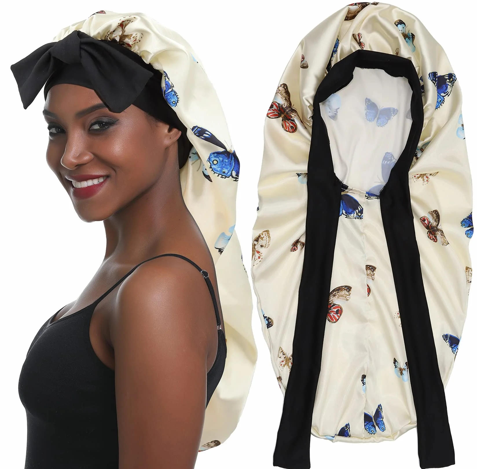Bonnet en Satin Long Bonnet de Nuit Bande Élastique Douce pour Cheveux Longs et Bouclés
