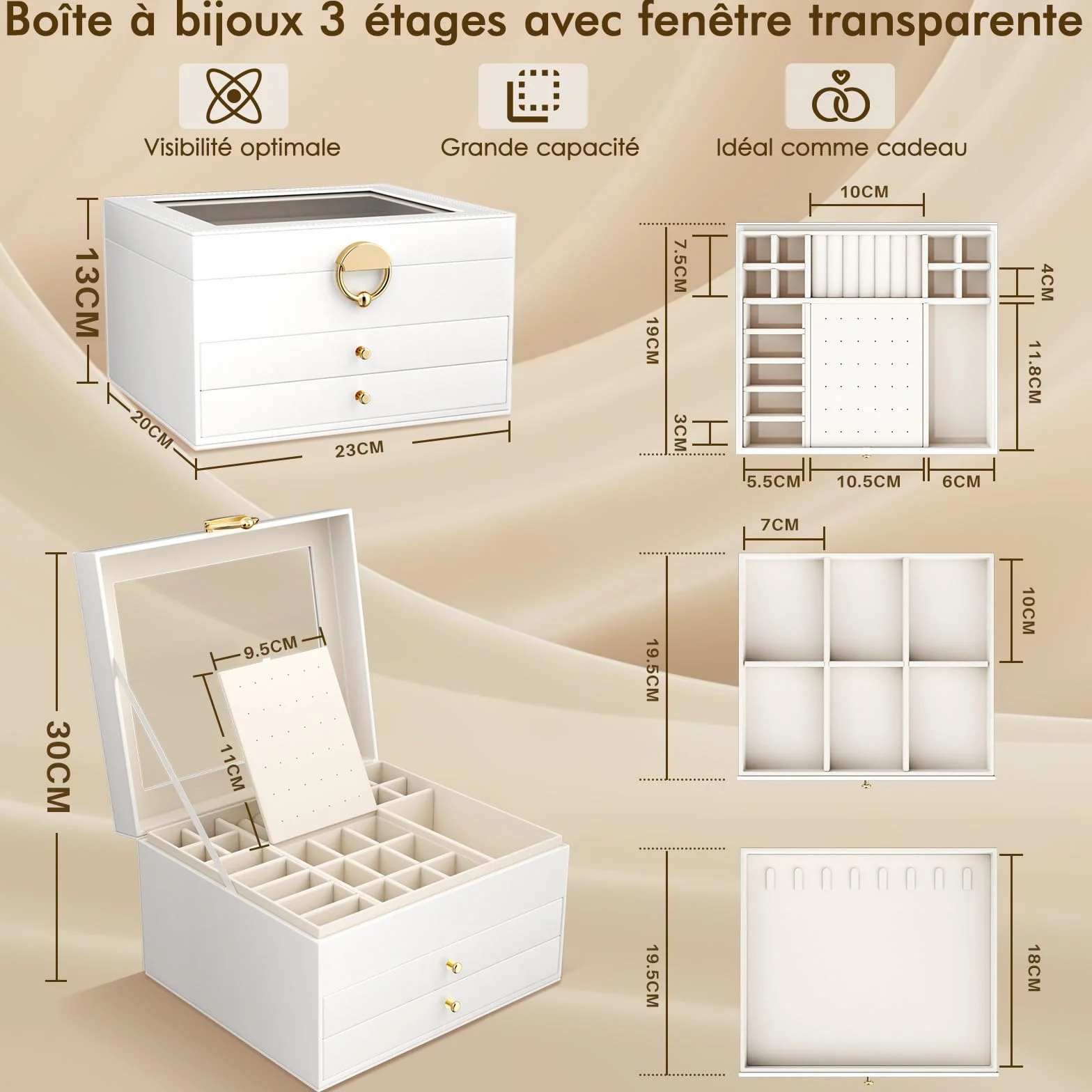 Grande Boîte à Bijoux 3 Niveaux 24 Compartiments Couvercle Transparent