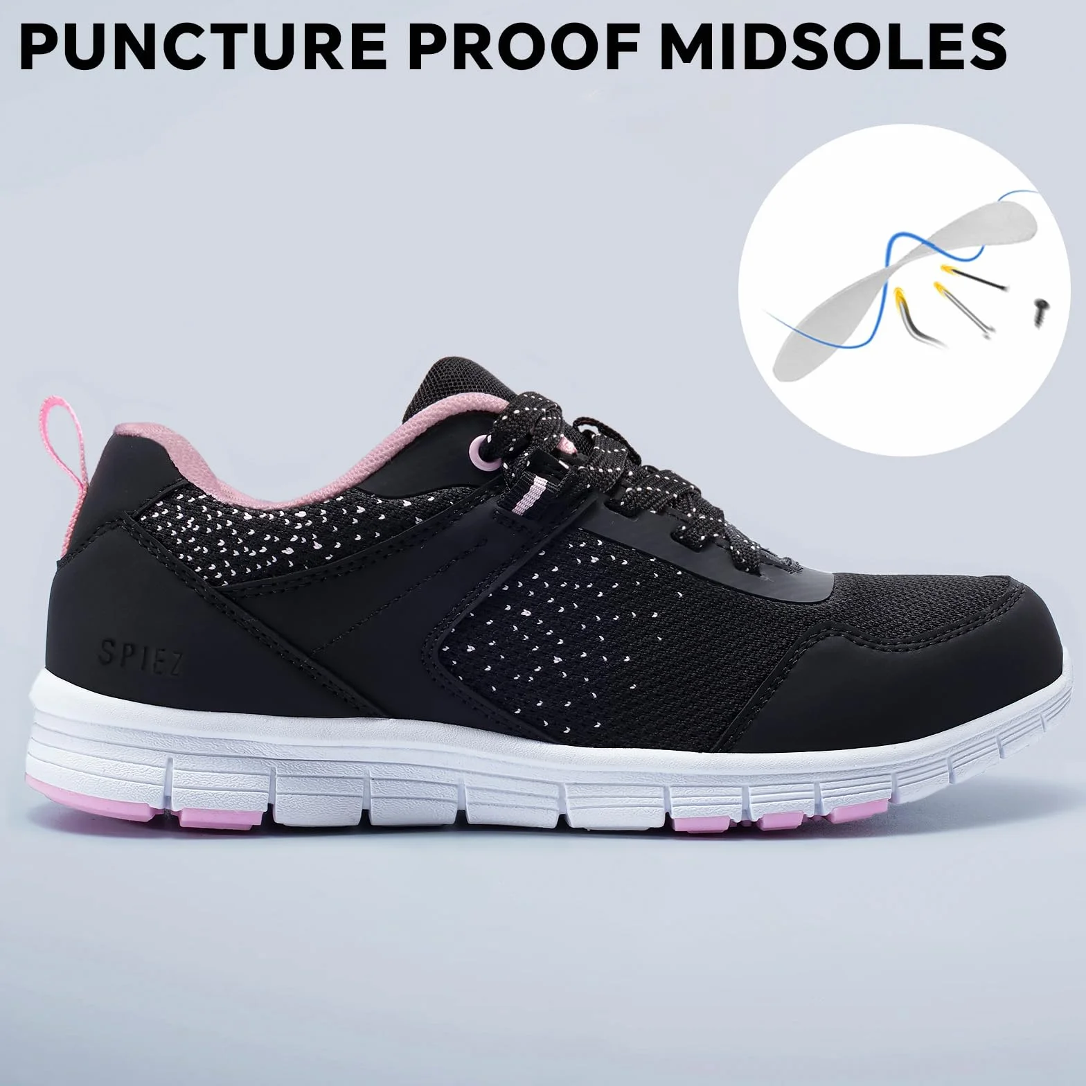 SPIEZ Chaussures de Sécurité Femme Légère Anti-crevaison Anti-écrasement Basket Travail Confortables EU35 Noir-Rose