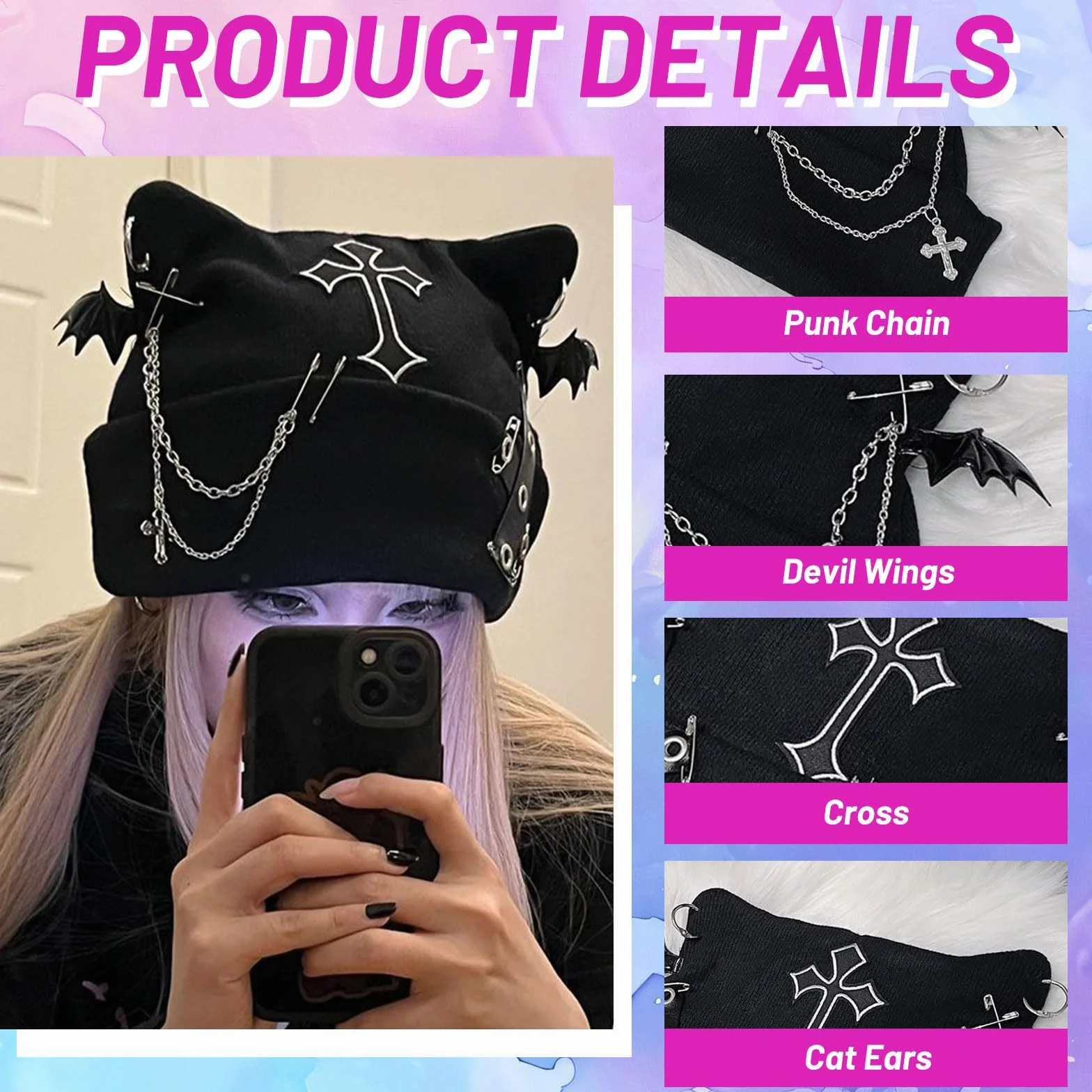 Goth Cat Beanie bonnet punk oreilles chat Y2K grunge tricoté streetwear chaîne femme festivals
