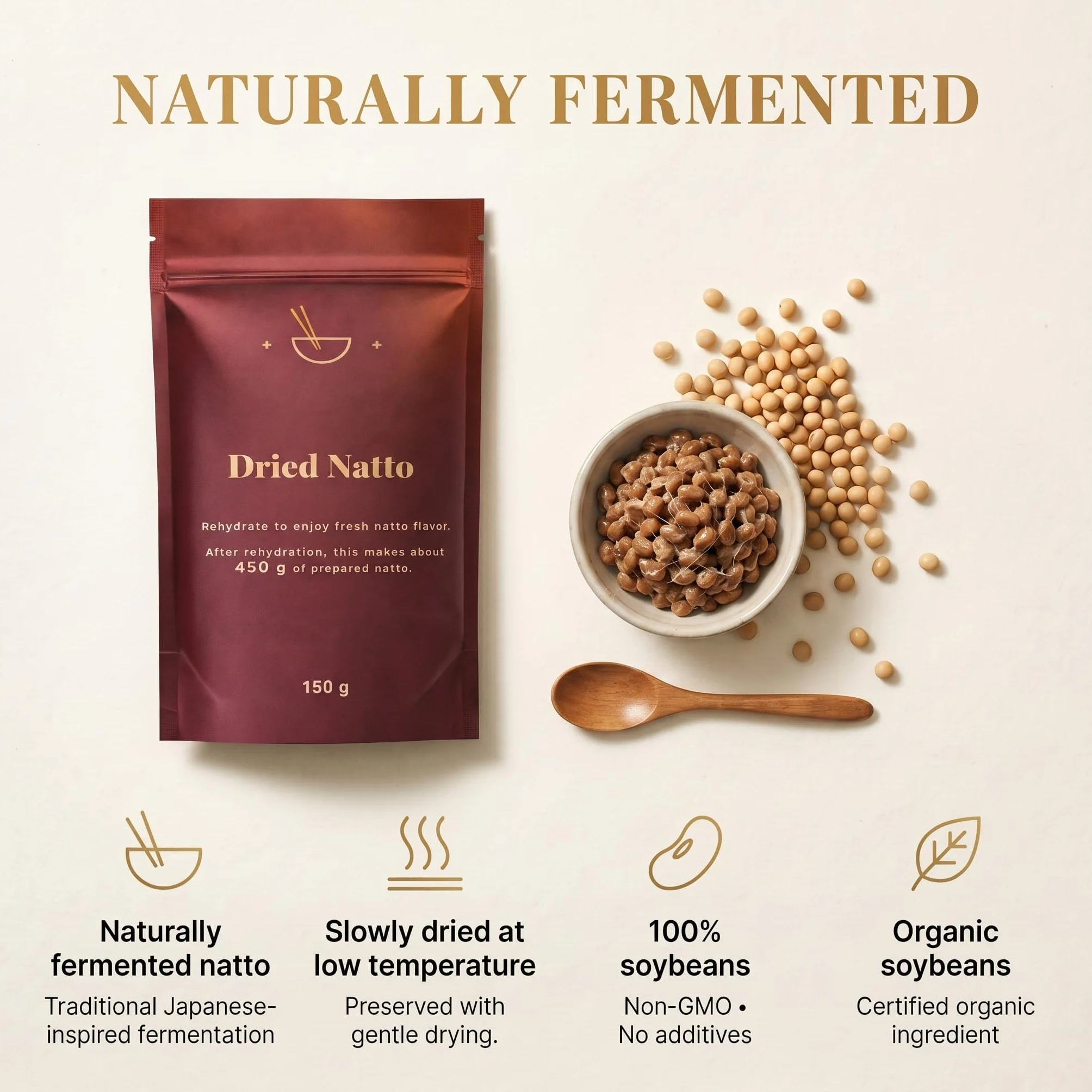 Natto séché 150g - jusqu'à 450g de natto une fois réhydraté - soja fermenté
