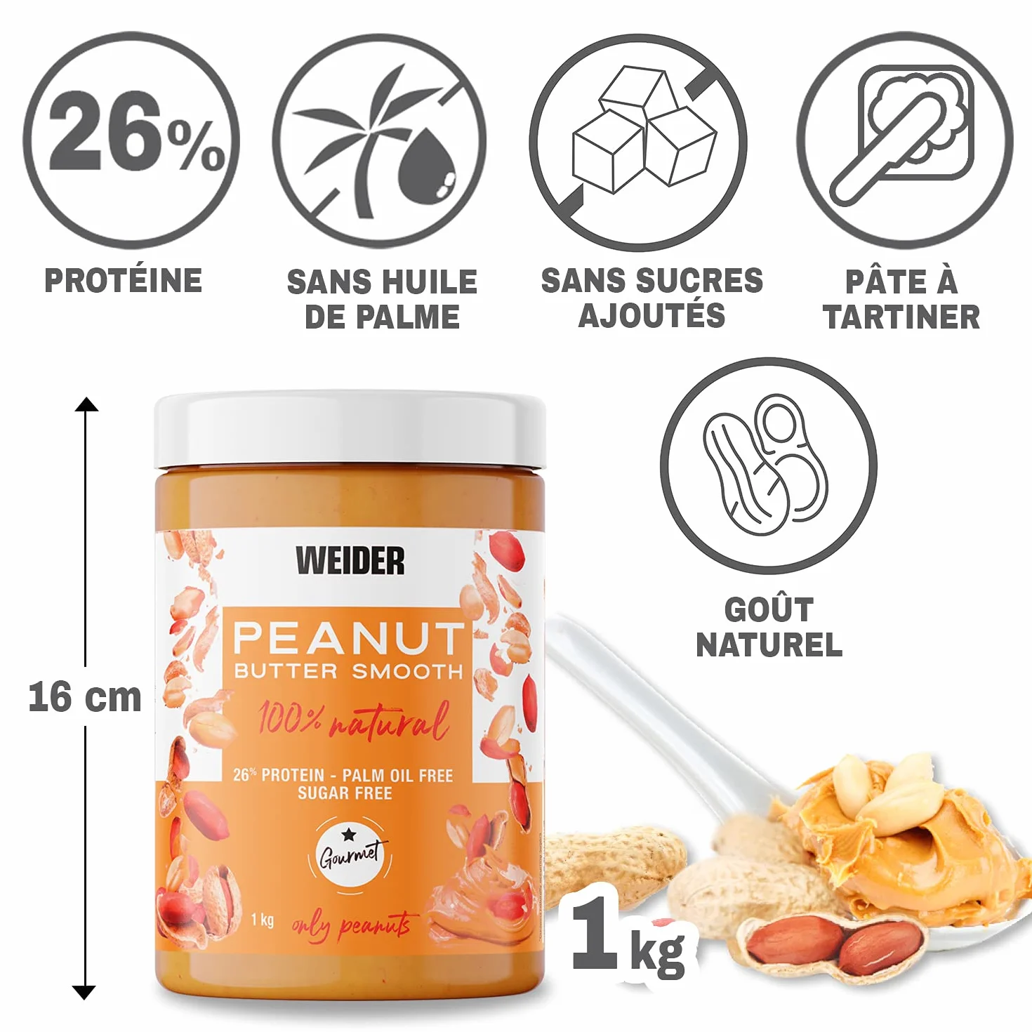 Weider Pack Duo Peanut Butter Smooth (2x1kg) Beurre de Cacahuète 100% Naturel 26% de Protéines Sans Sucre Ajouté Sans Huile de Palme Texture Crémeuse et Sans Morceaux
