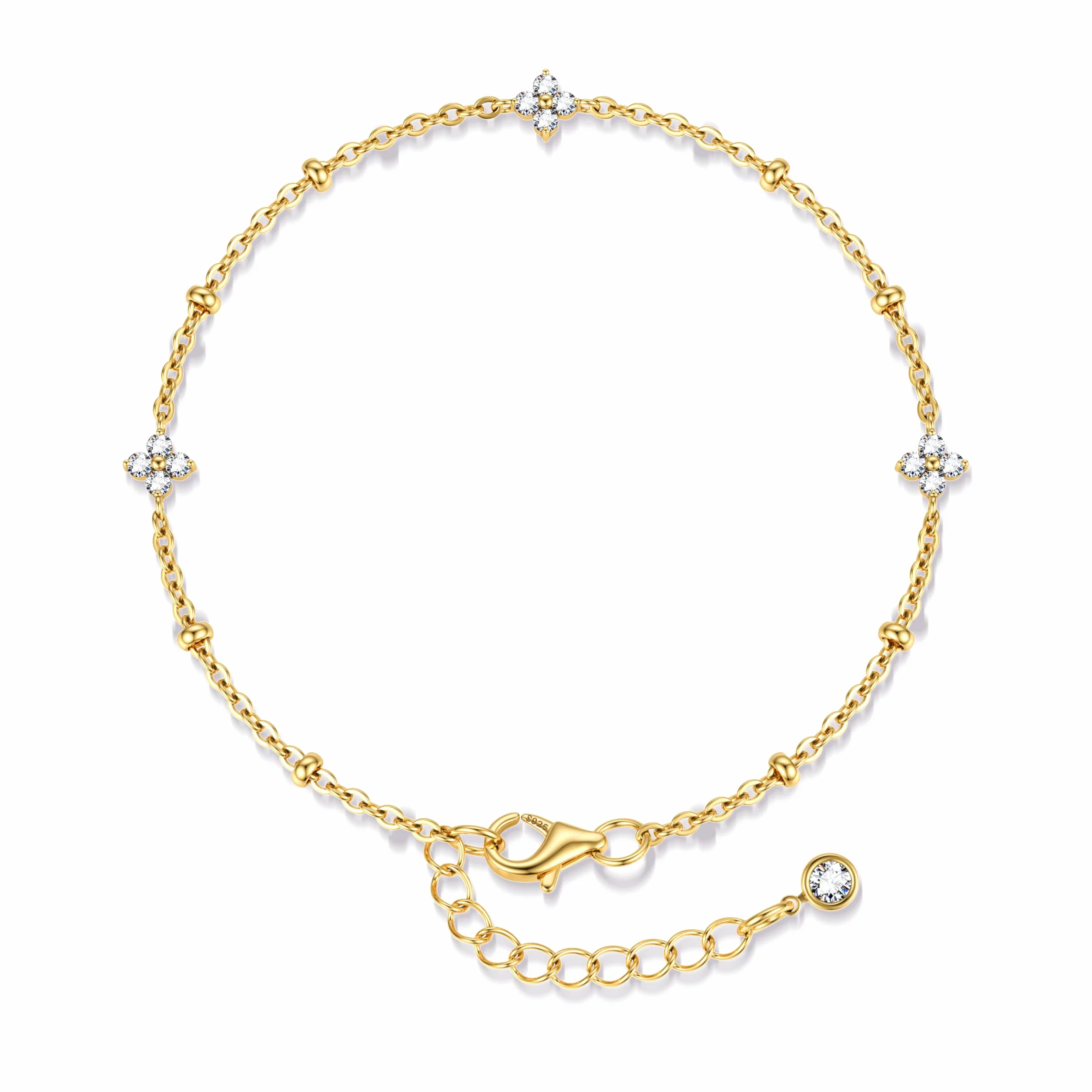 LOLIAS Bracelet Femme Argent 925 Trèfle 4 Feuilles Réglable Plaqué Or 14K Perle Boules Bijoux Cadeau 16cm+5cm