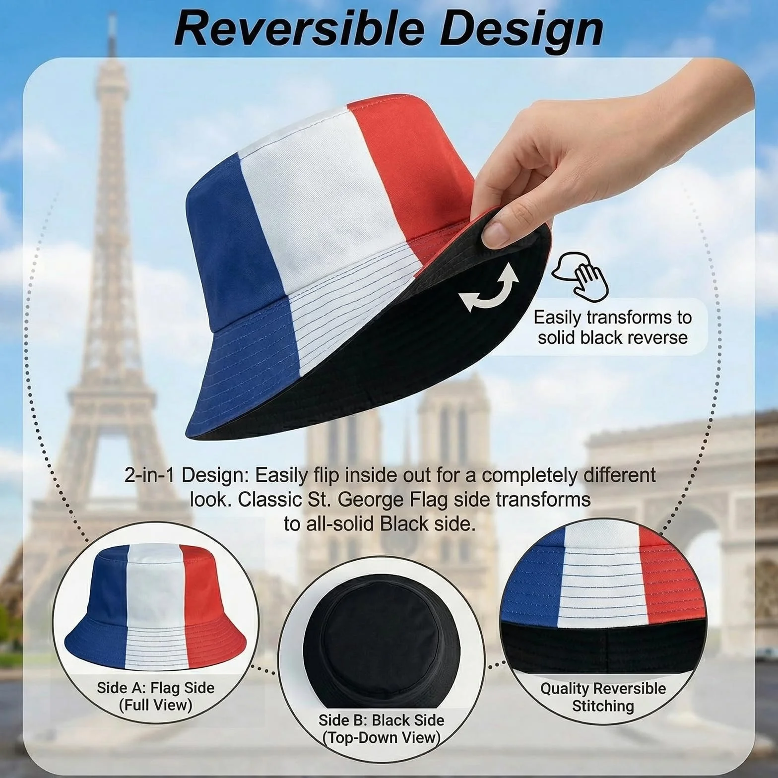 Chapeau Supporter Réversible Tricolore Bleu Blanc Rouge pour Match Football Coupe du Monde, Pliable et Respirant 56-58 cm