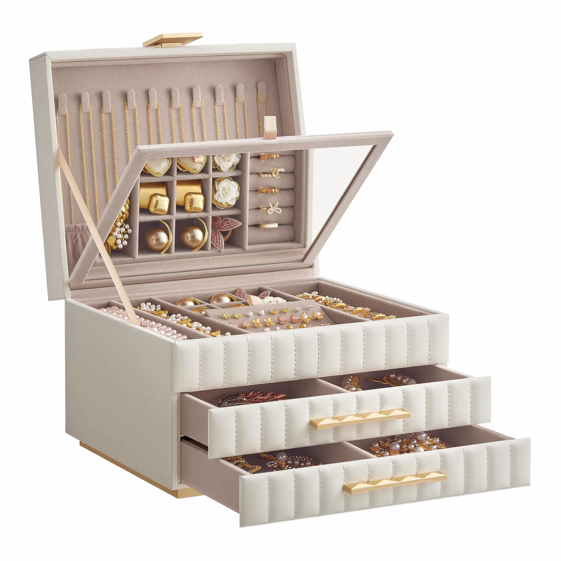 SONGMICS HOME ANAH Collection Boîte à Bijoux 3 Étages avec Miroir 2 Tiroirs Surface PU 21,5 x 24 x 15,8 cm Blanc