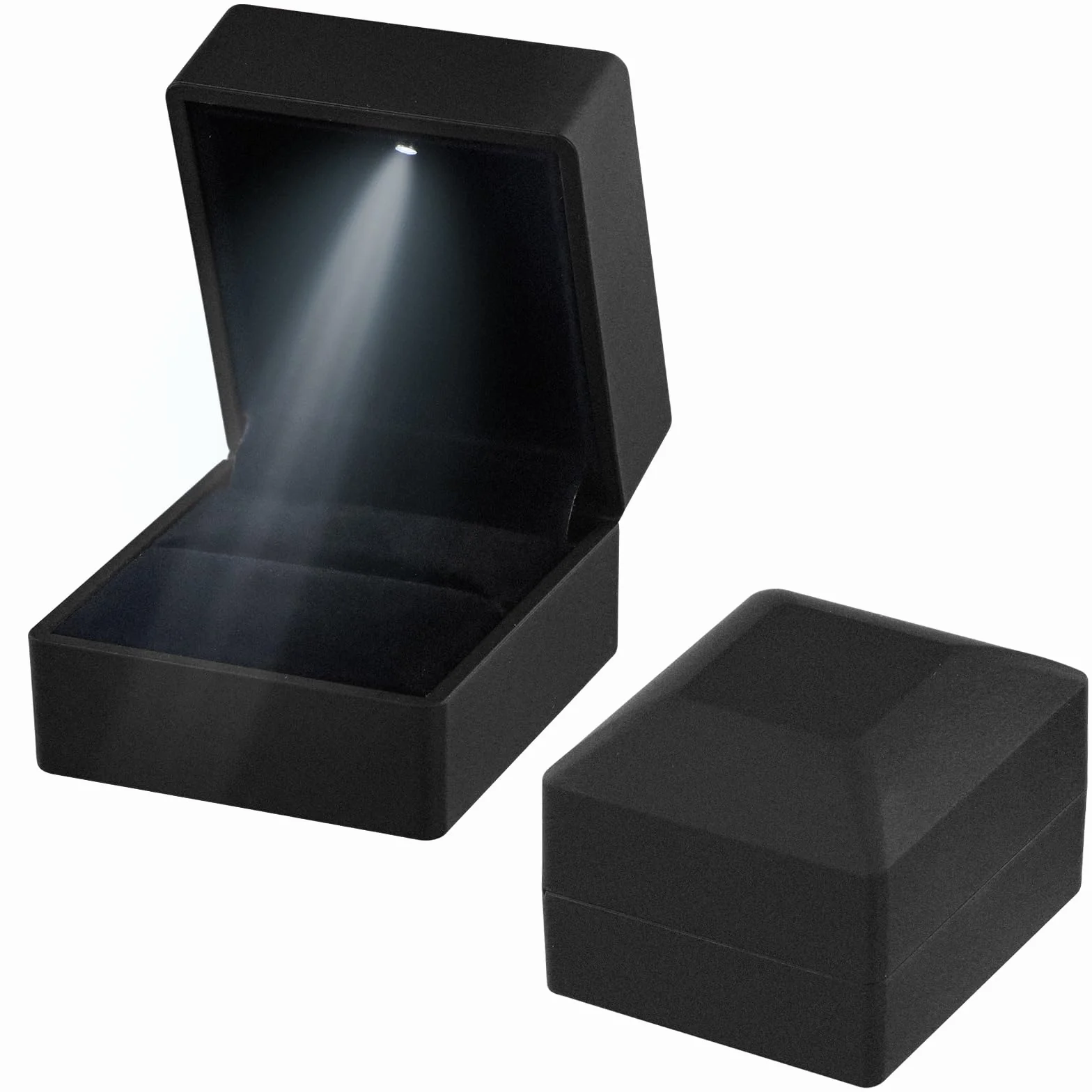 Boîte à Bague en Velours avec Lumière LED, Ecrin Forme de Coeur, Coffret Cadeau Mariage, 62x57x39mm Noir