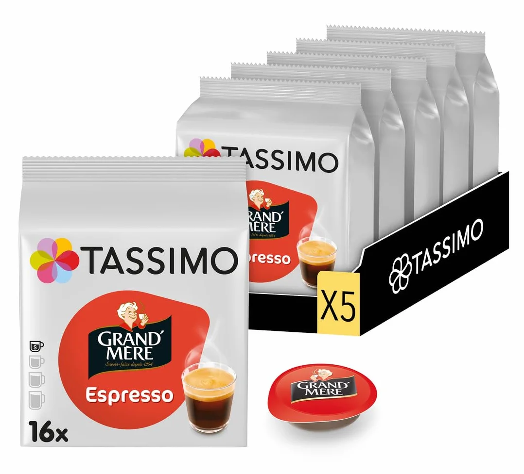 Tassimo, 80 Dosettes Café Espresso Grand'Mère, Compatibles avec les machines TASSIMO, 80 Cafés Riches et Intenses, 5 packs de 16 dosettes (L'emballage peut varier)