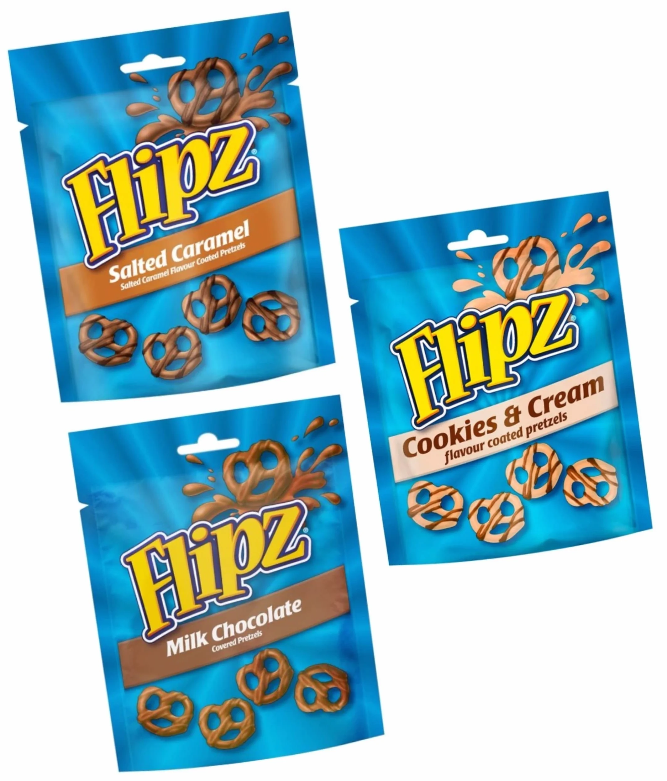 Flipz Lot de 3 sachets de 90 g de chocolat au lait, biscuits et crème au caramel salé