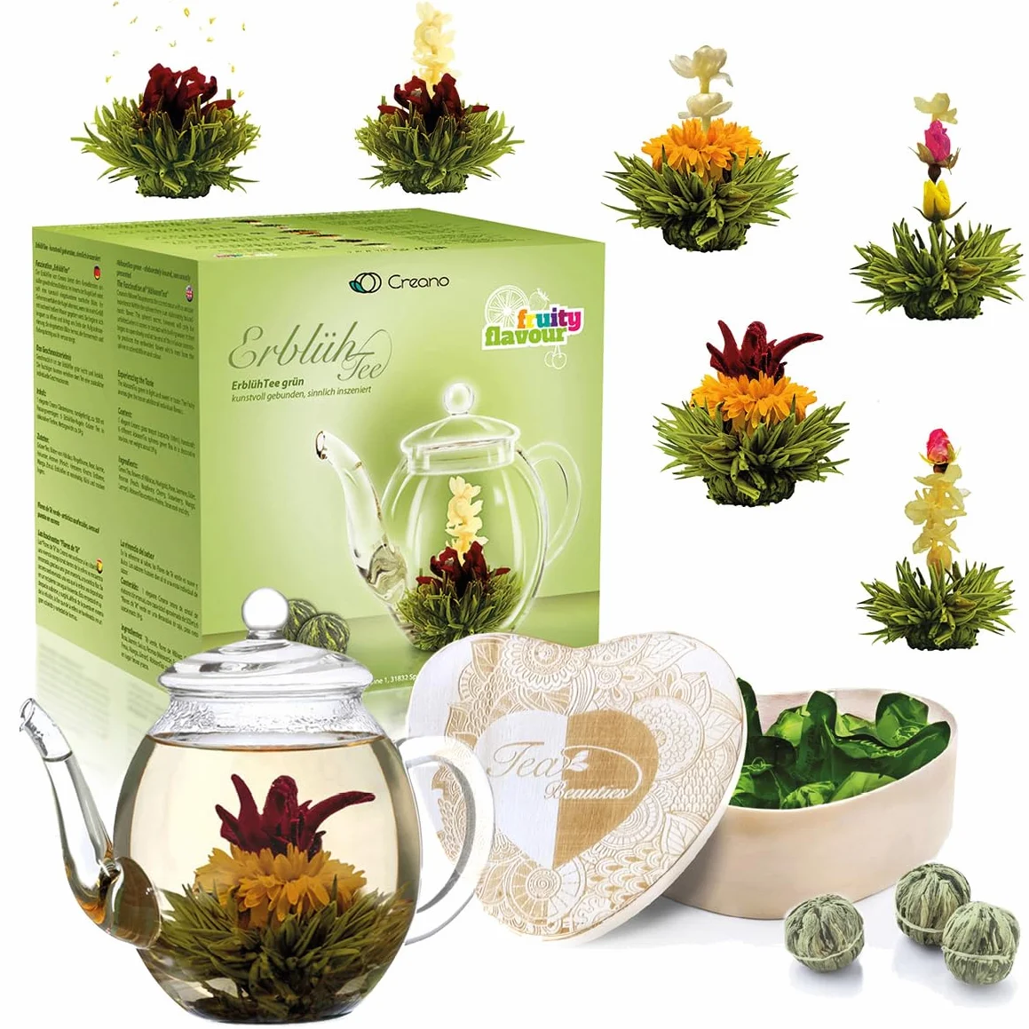 Creano „Fleurs de Thé“ Verts 6 pcs Boîte Cœur – Théière en Verre 500ml sans goutte – 6 variétés de thé vert – Cadeau romantique