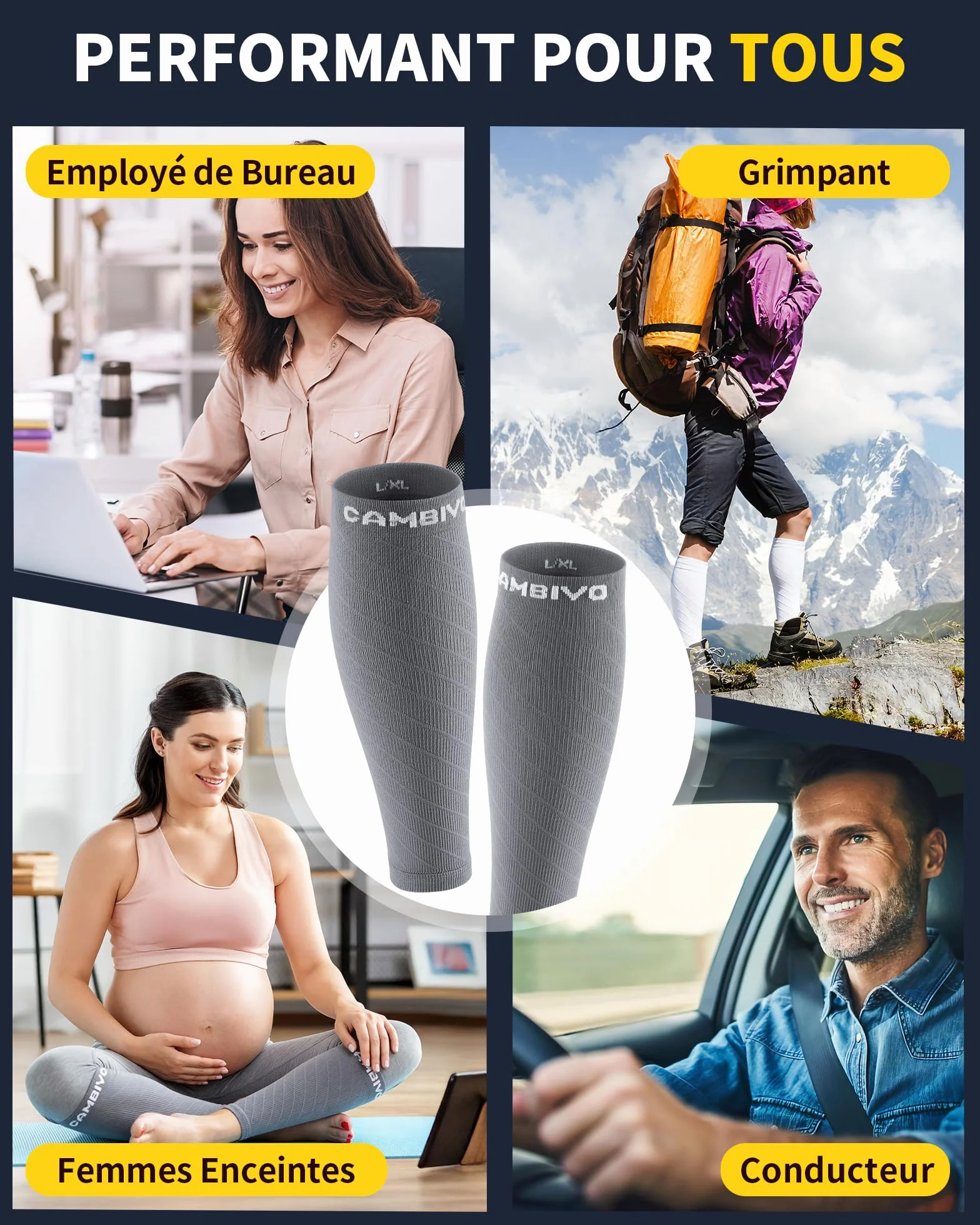 CAMBIVO Manchon Compression Mollet 2 Paires, Bas de Contention sans Pied pour Circulation Sanguine