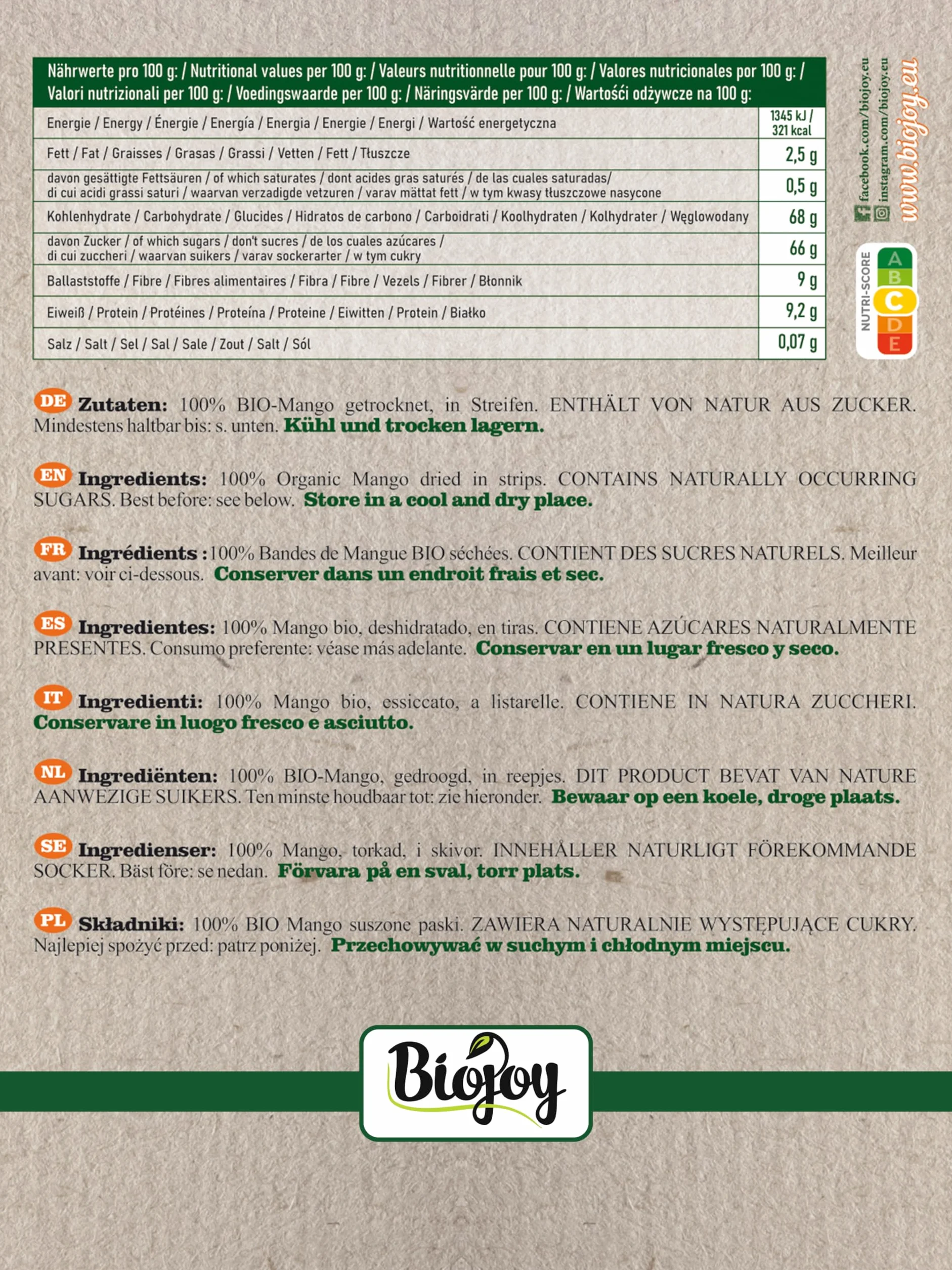 Biojoy Mangue séchée BIO (1 kg), variété Brooks, non sulfurée