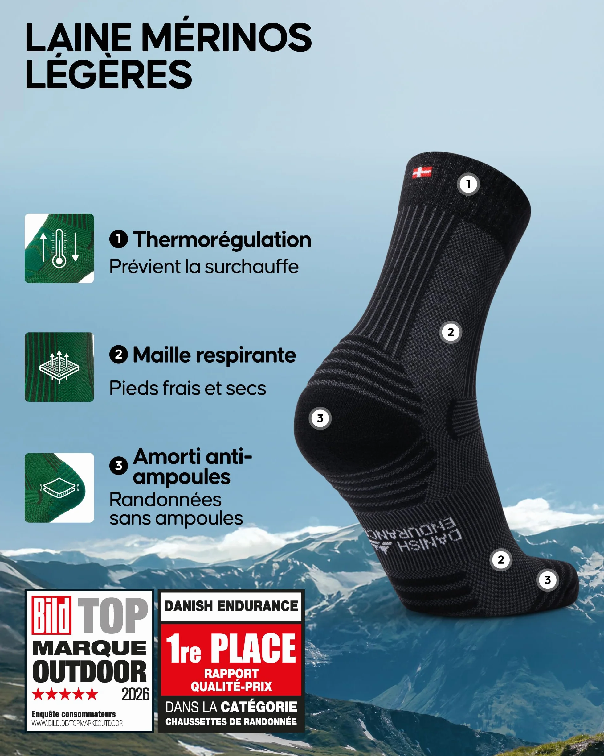 DANISH ENDURANCE Chaussettes de Randonnée Laine Mérinos Anti-Ampoules Lot de 3