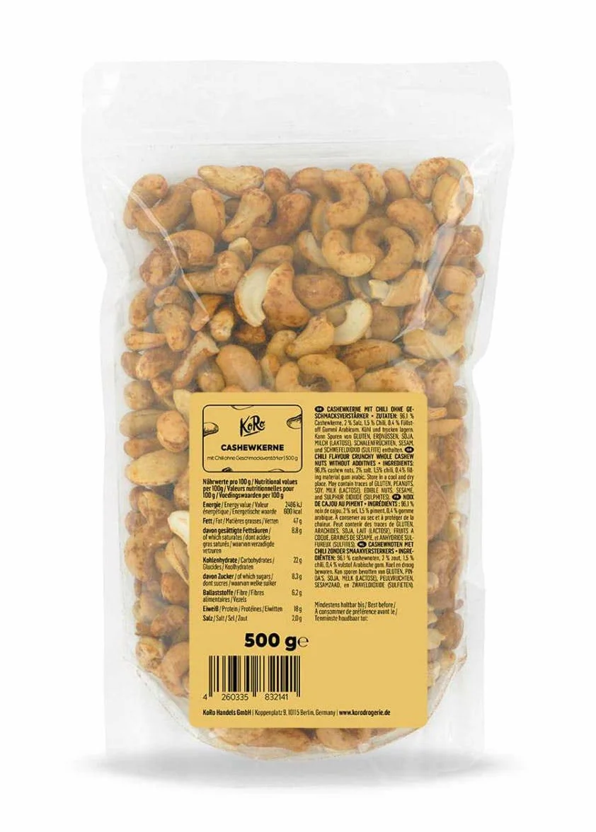 KoRo - Noix de cajou au piment 500 g - Snack épicé à base de noix de cajou et de poudre de chili