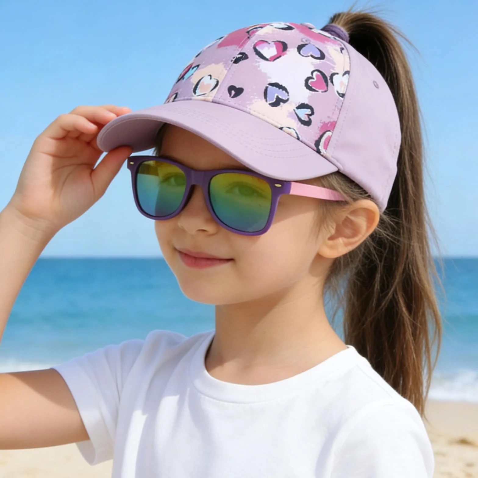 Casquette Lunettes de Soleil Enfants Fille, Chapeau de Soleil Fille Queue de Cheval Doux Confortable, Anti-Soleil Respirant