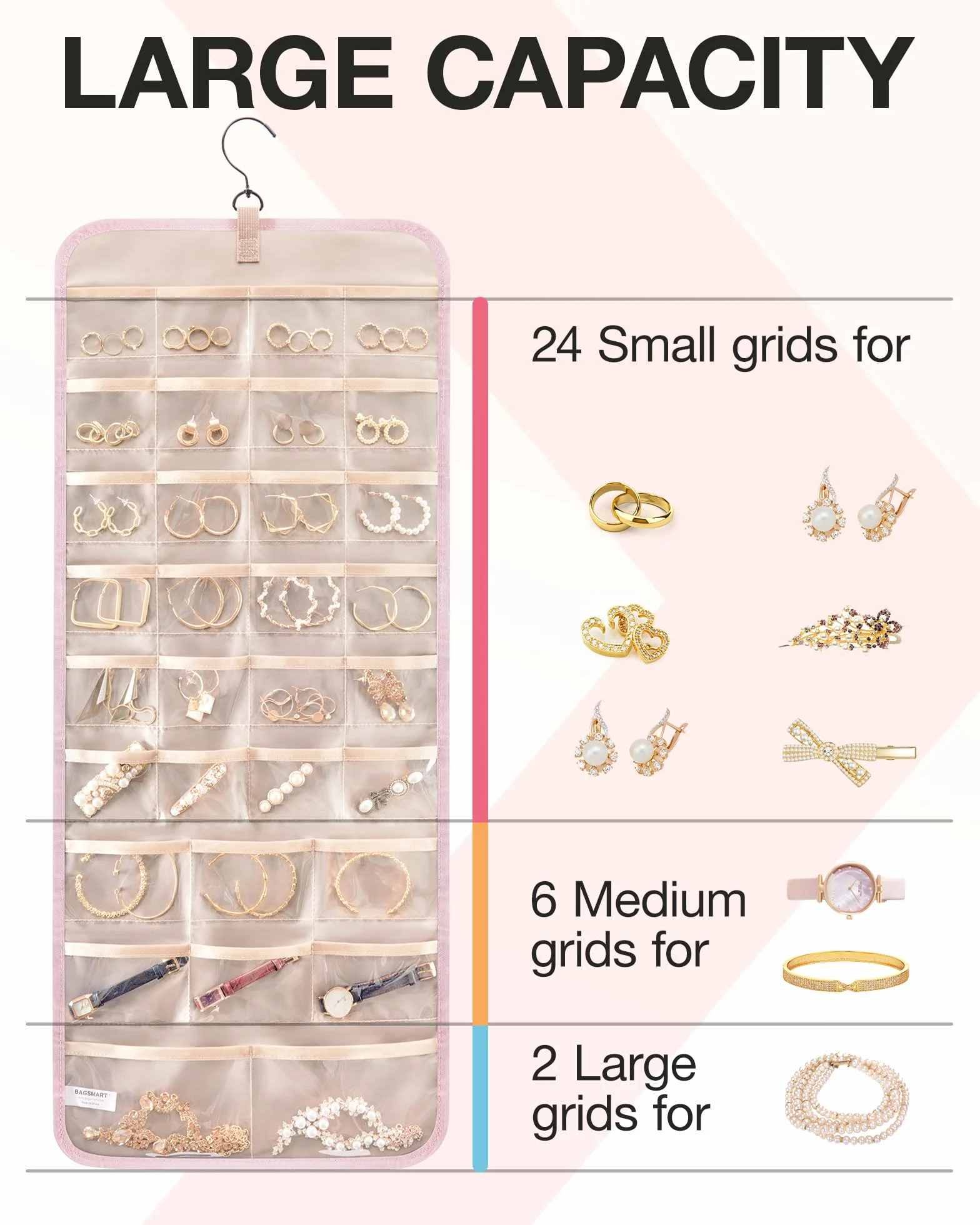 Bagsmart Organisateur de bijoux à suspendre - Rouleau de rangement double face avec crochet en métal - Grand format