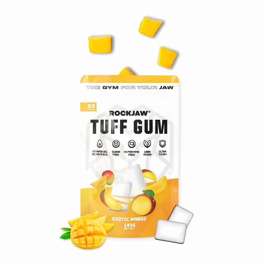ROCKJAW® Jawline Gum Tuff Gum 2.0 complexe de vitamines B sans aspartame sans sucre xylitol 2 mois d'approvisionnement mangue exotique