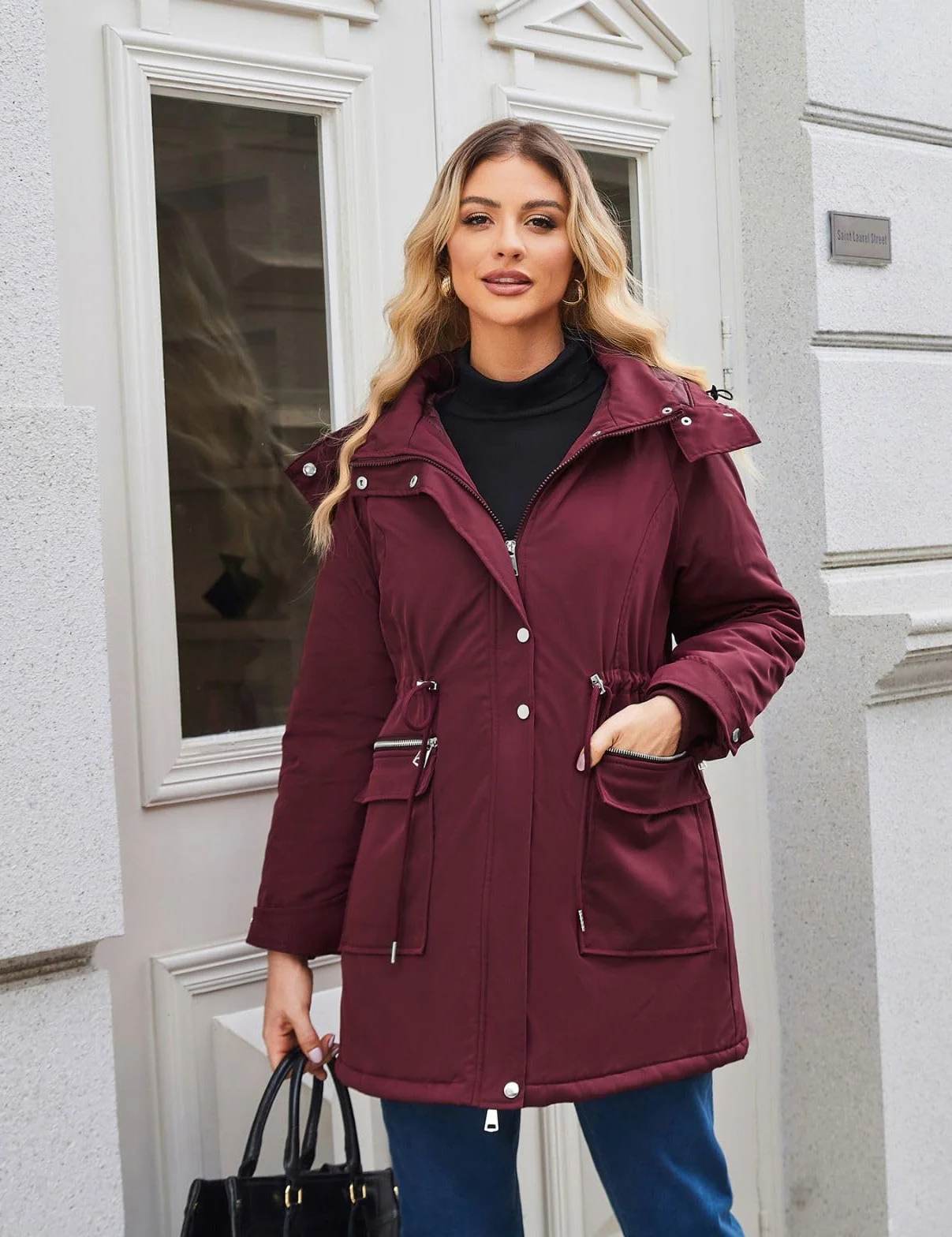 Maacie Veste de maternité matelassée en coton pour femme enceinte, manteau chaud à capuche