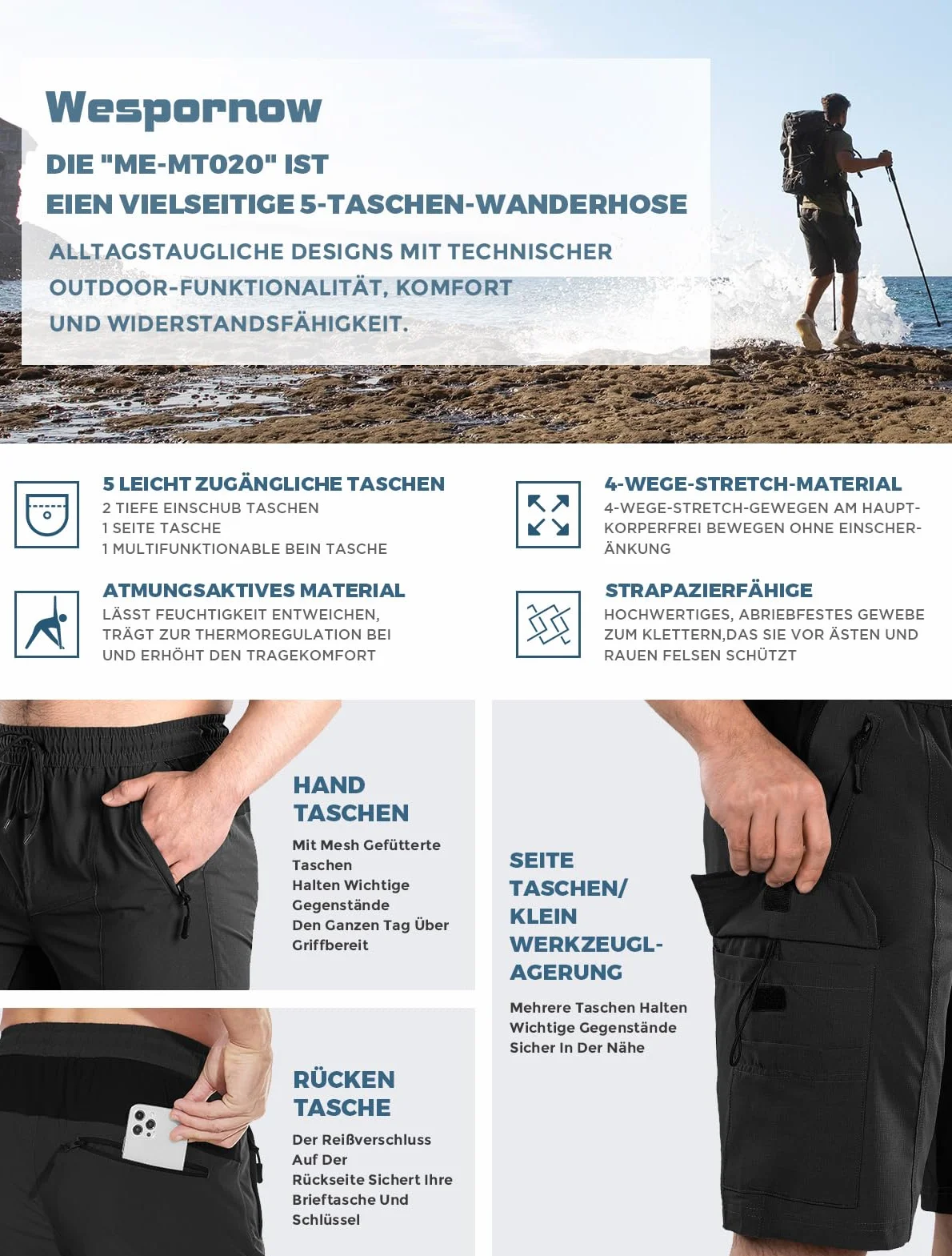 Wespornow Bermuda Homme 5 Poches Sport Séchage Rapide Pantalon Court Extérieur Stretch Randonnée Trekking