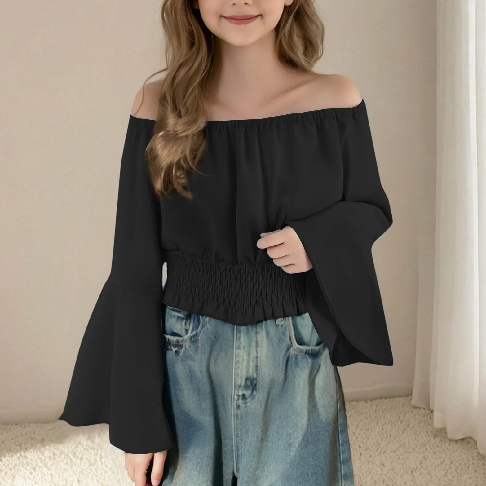 Haut Fille Épaules dénudées Manches évasées Taille élastiquée Crop Uni Décontracté pour Enfant Vêtement Fille pour Ado Haut Tendance