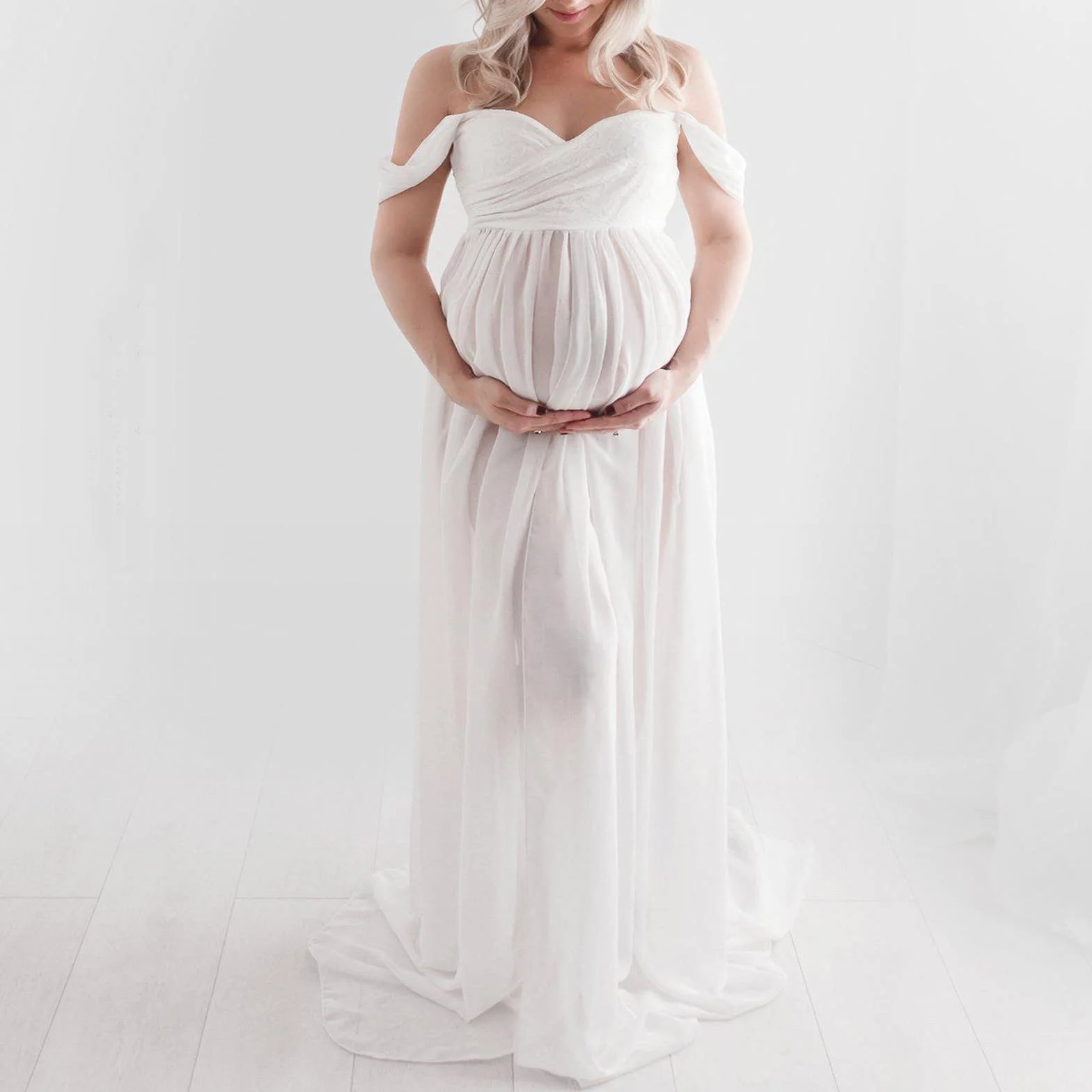Robe Grossesse Photographie Dentelle Epaule Dénudée Femme Enceinte Mousseline Soie Shooting Photo Cérémonie