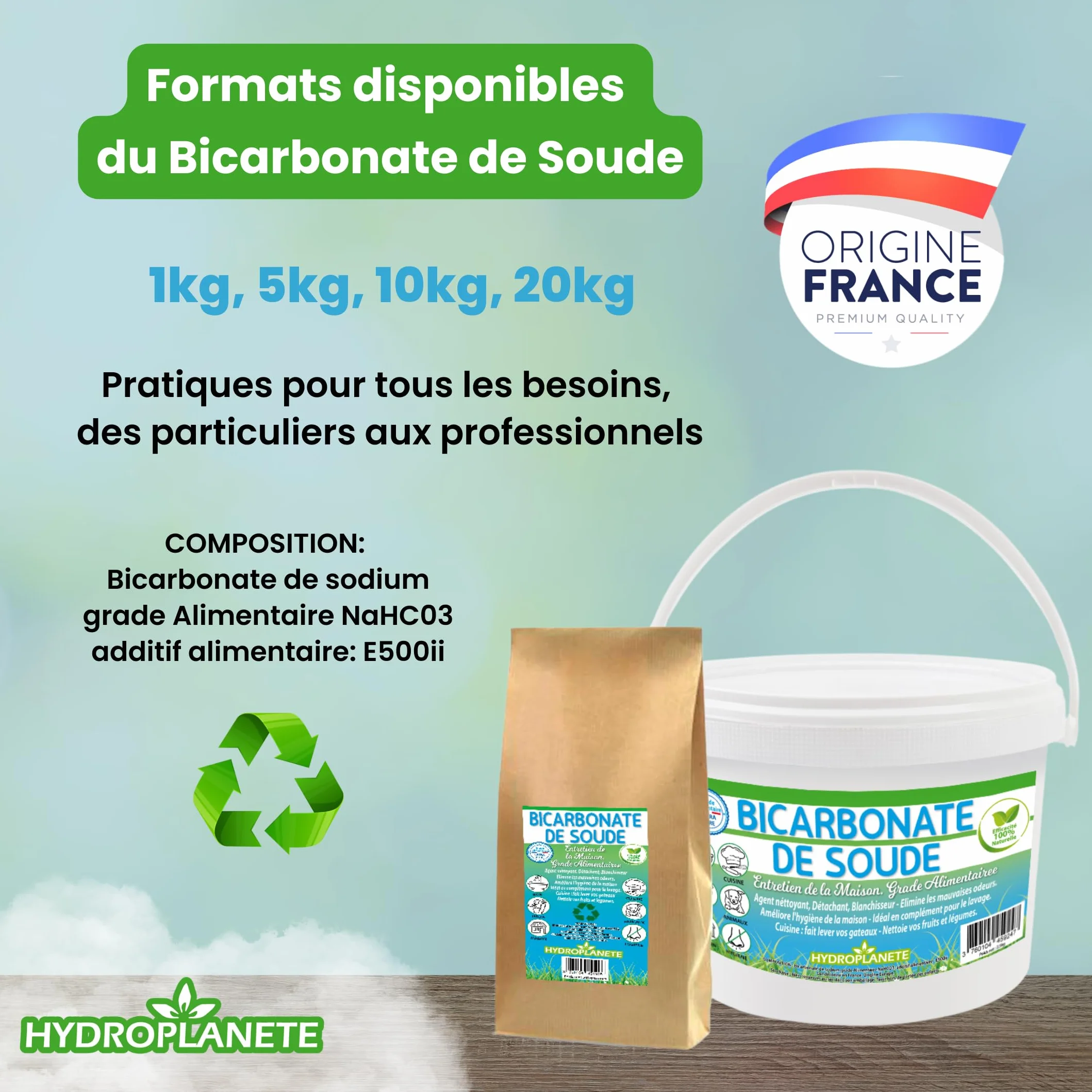 HYDROPLANETE Bicarbonate de Soude Multi-Usages - Poudre Alimentaire et Entretien de la Maison - Sans Additifs et 100% Naturel - Fabriqué en France - Disponible de1kg 2kg 5kg 10kg 20kg