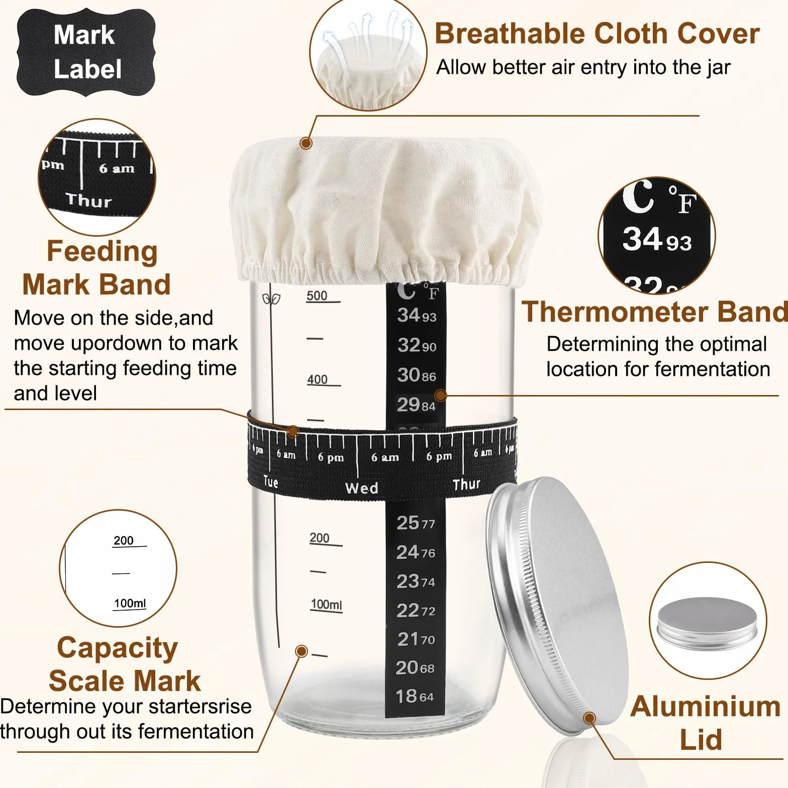 Kit Pain au Levain 730 ml – 8 pièces incluant bocal en verre, récipient de fermentation, spatule, ruban de marquage, couvercle en tissu cousu – Parfait pour le démarrage du levain