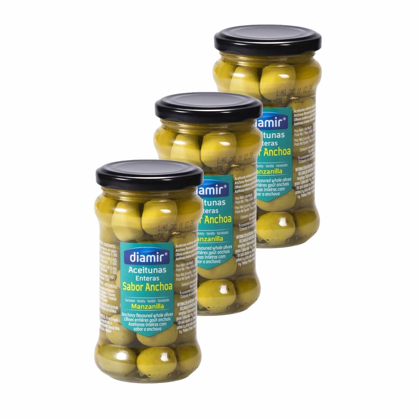 Lot 3x Olive verte entière goût anchois - Bocal 300g