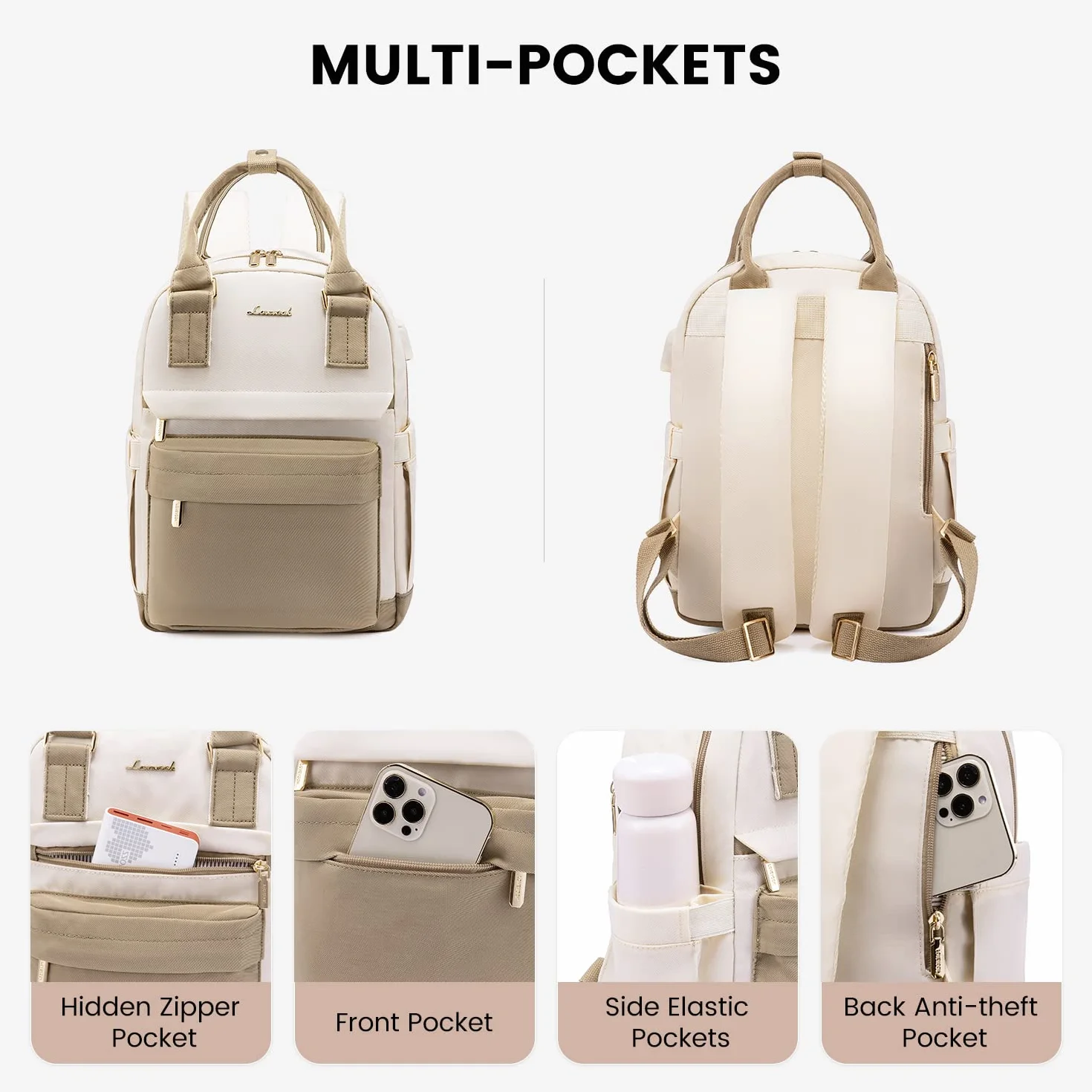 LOVEVOOK Petit Sac à Dos Femme, Mini Sac à Main Imperméable Antivol avec Port USB, Kaki Beige