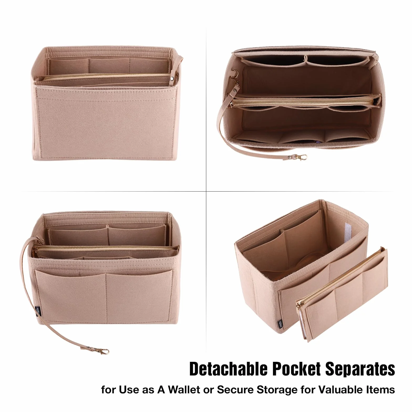 NEPAK Organisateur de Sac à Main en Feutre, Sac de Rangement Intérieur Bag in Bag pour Femmes avec Fermeture éclair (Beige, S)