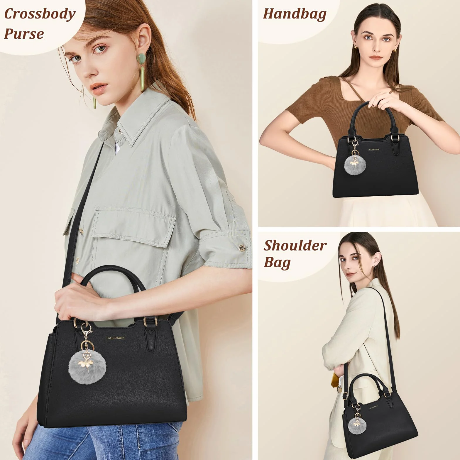 IGOLUMON Sac à Main Femme Cuir Bandoulière Sac Fourre Tout Sacoche pour Université Travail Noir