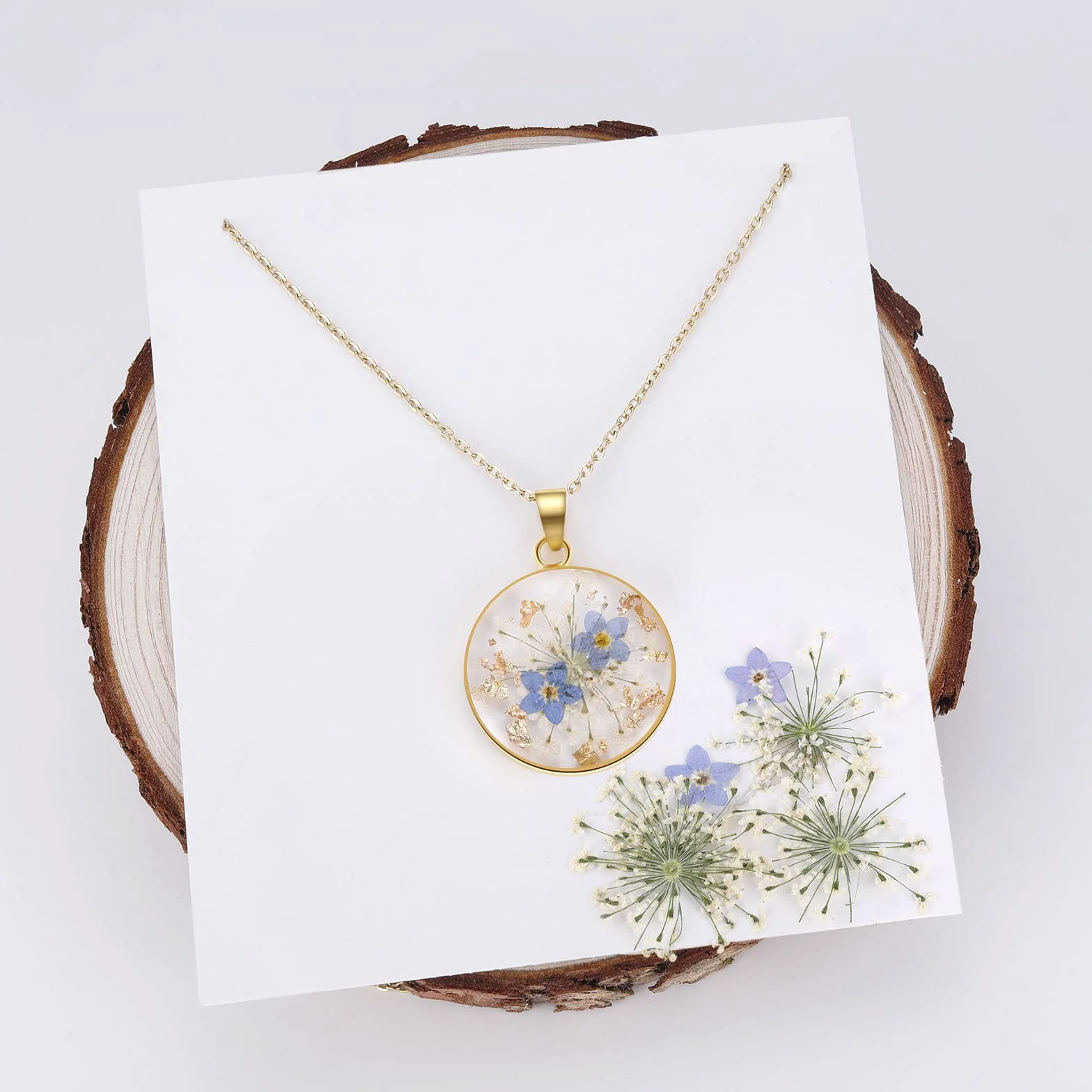Collier Myosotis en fleurs sauvages pressées | Collier Fleurs de naissance | Bijou vintage or/argent