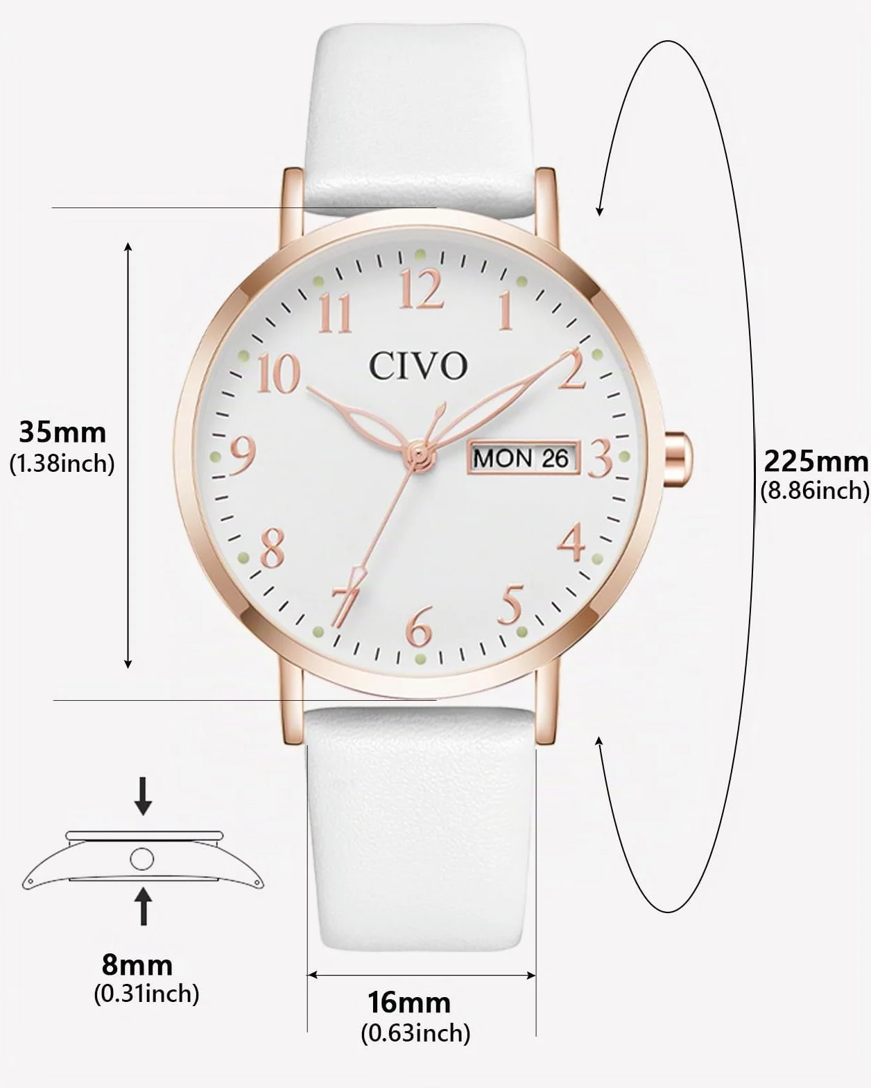 CIVO Montre Femme Analogique 35mm Cadran Clair Grands Chiffres Aiguilles Lumineuses Date Jour Bracelet Cuir