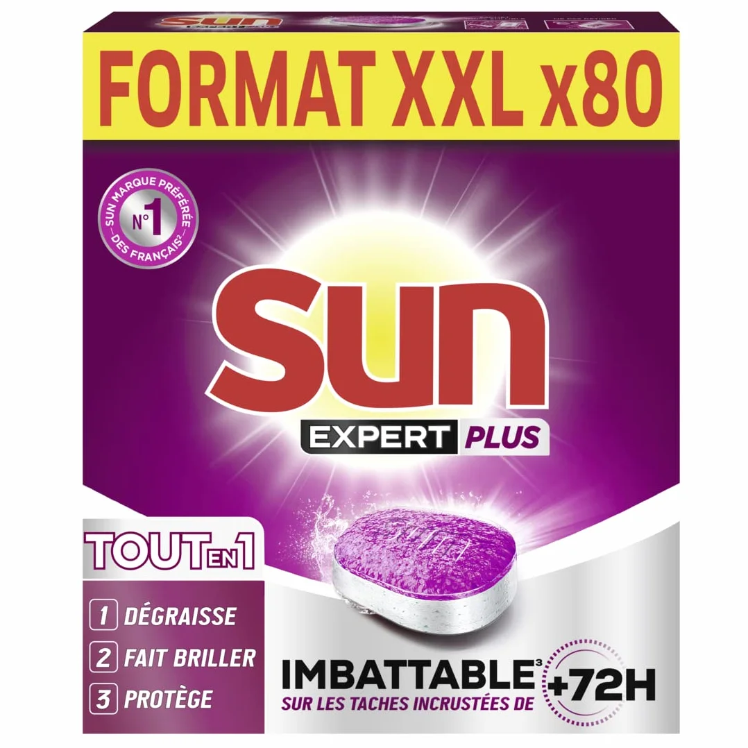 SUN - Pastilles Lave-Vaisselle Tout-en-1 - 80 Capsules - Expert Plus - imbattable sur les taches incrustées de + de 72h - dégraisse et fait briller