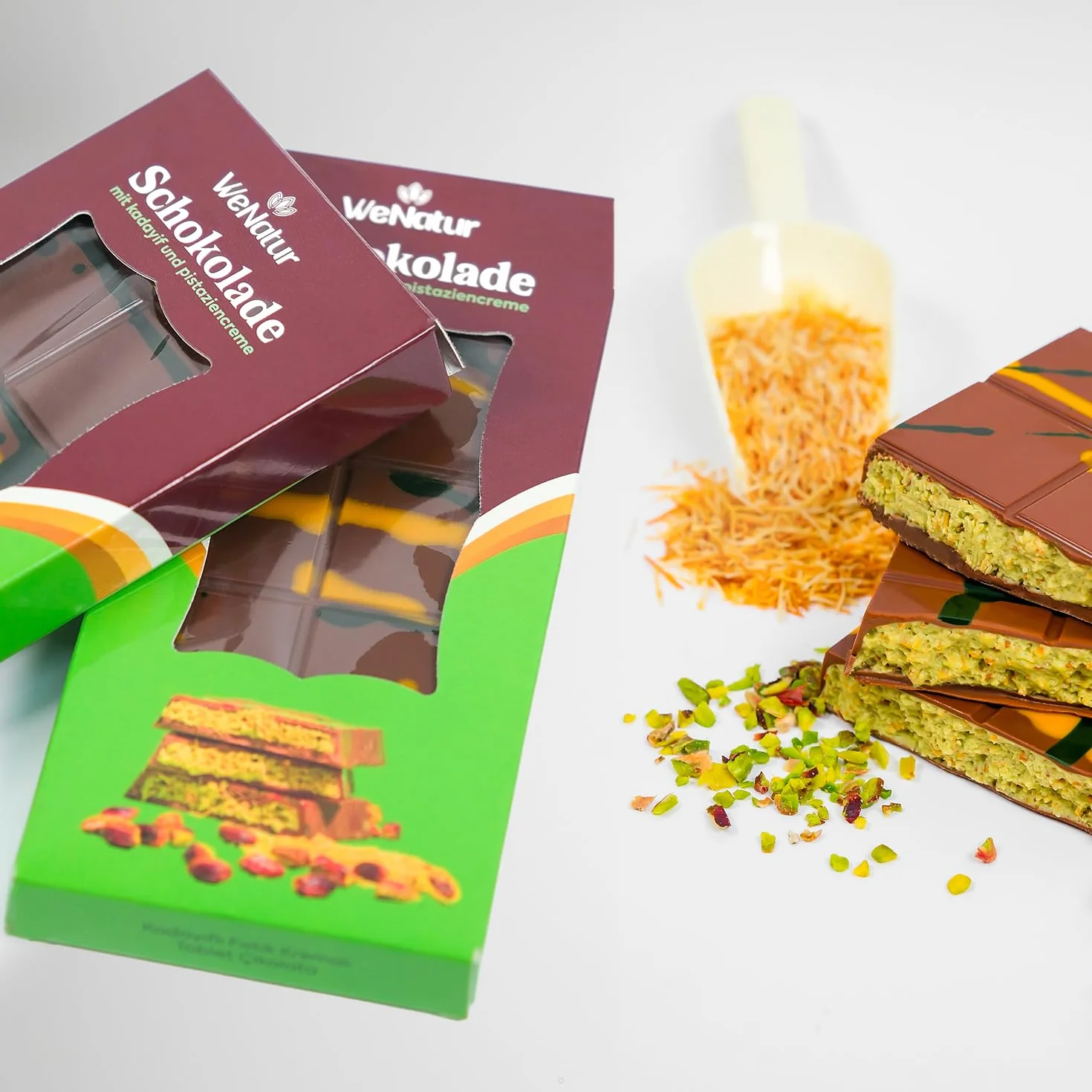 WeNatur Dubaï chocolat pistache – 200 g de crème de pistache – sucreries – chocolat dubaï, fils de pâte kadayif et pistache – Fontaine à chocolat sucreries originales