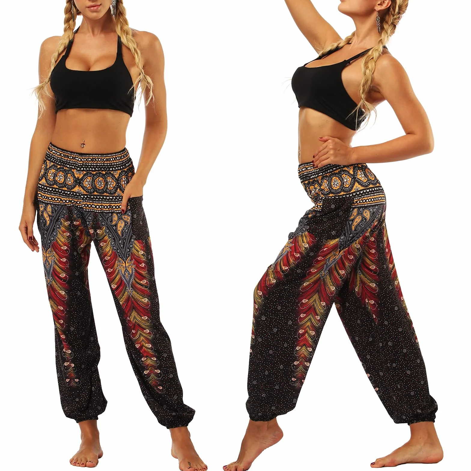 Nuofengkudu Femme Harem Pantalon Yoga Sarouel Baggy Taille Haute avec Poches Été