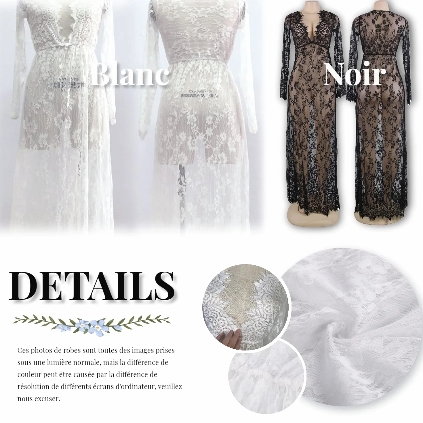 Robe Maxi Femme Enceinte Dentelle Col-V Manche Longue Photographie