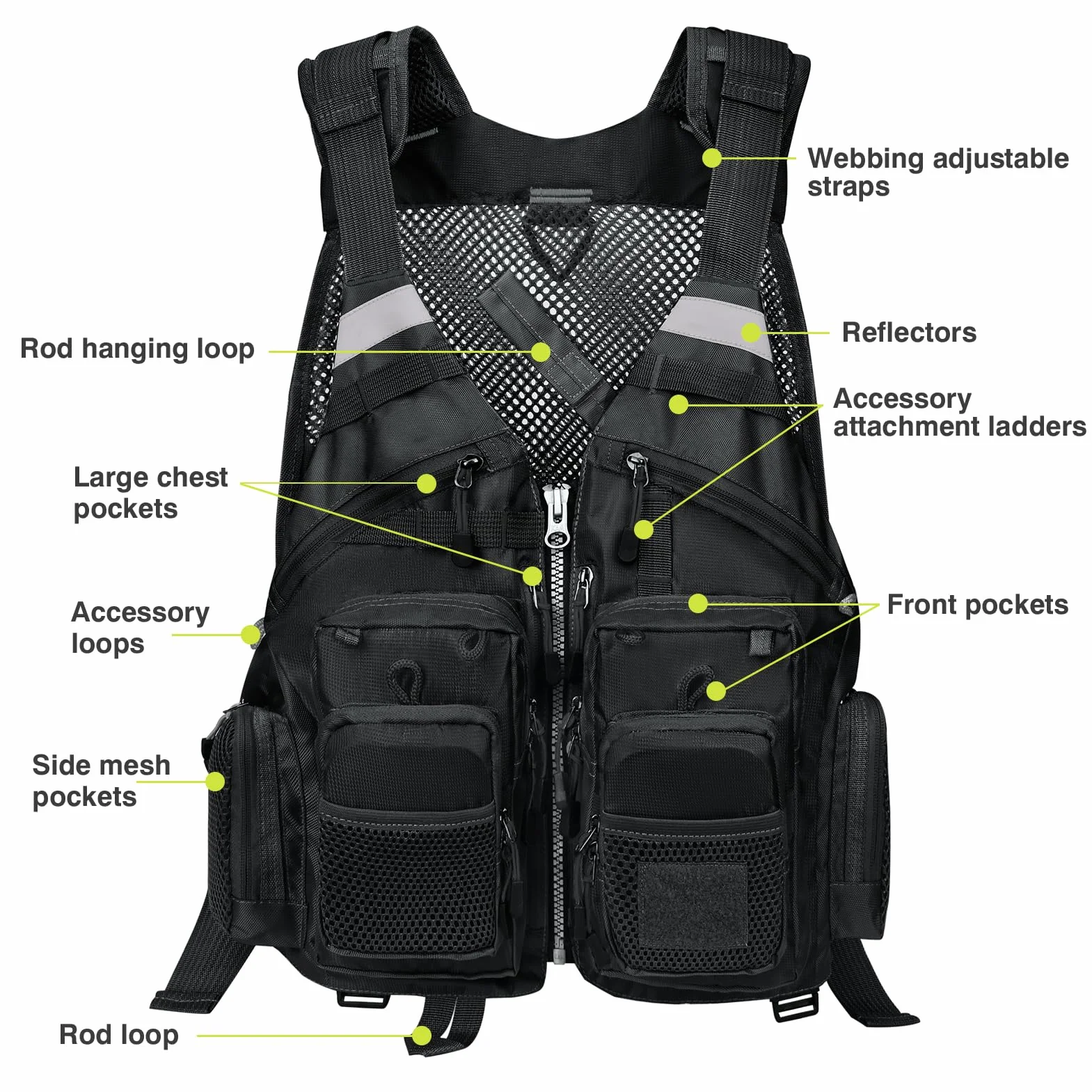 Gonex Gilet de Pêche à La Mouche pour Hommes et Femmes, Réglable avec Poches et Bandes Réfléchissantes