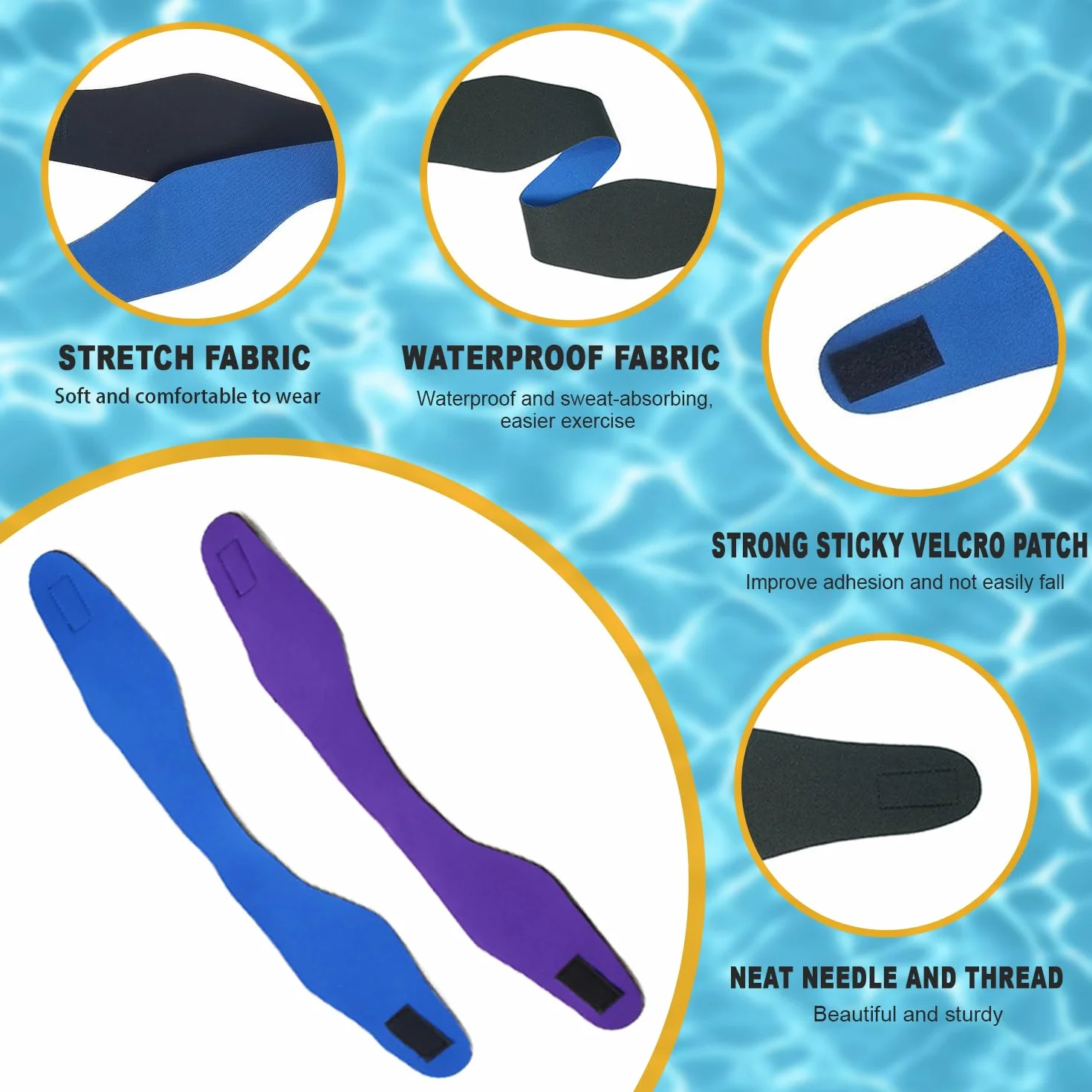 Bandeau de Natation Néoprène Imperméable Élastique Enfant Adulte Bleu Violet L